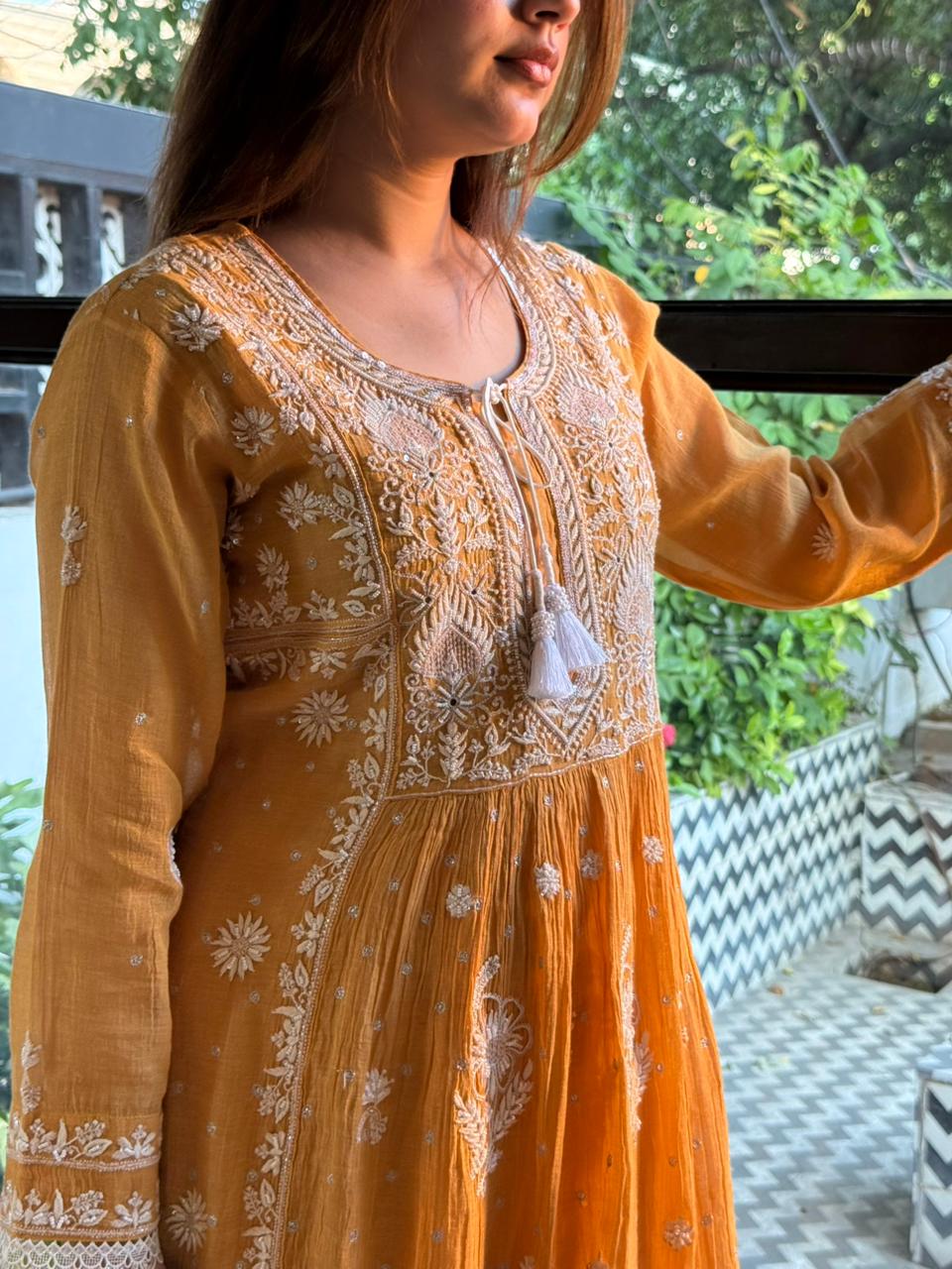 Tissue Silk Chikankari Angarkha With Ari & Beads Work