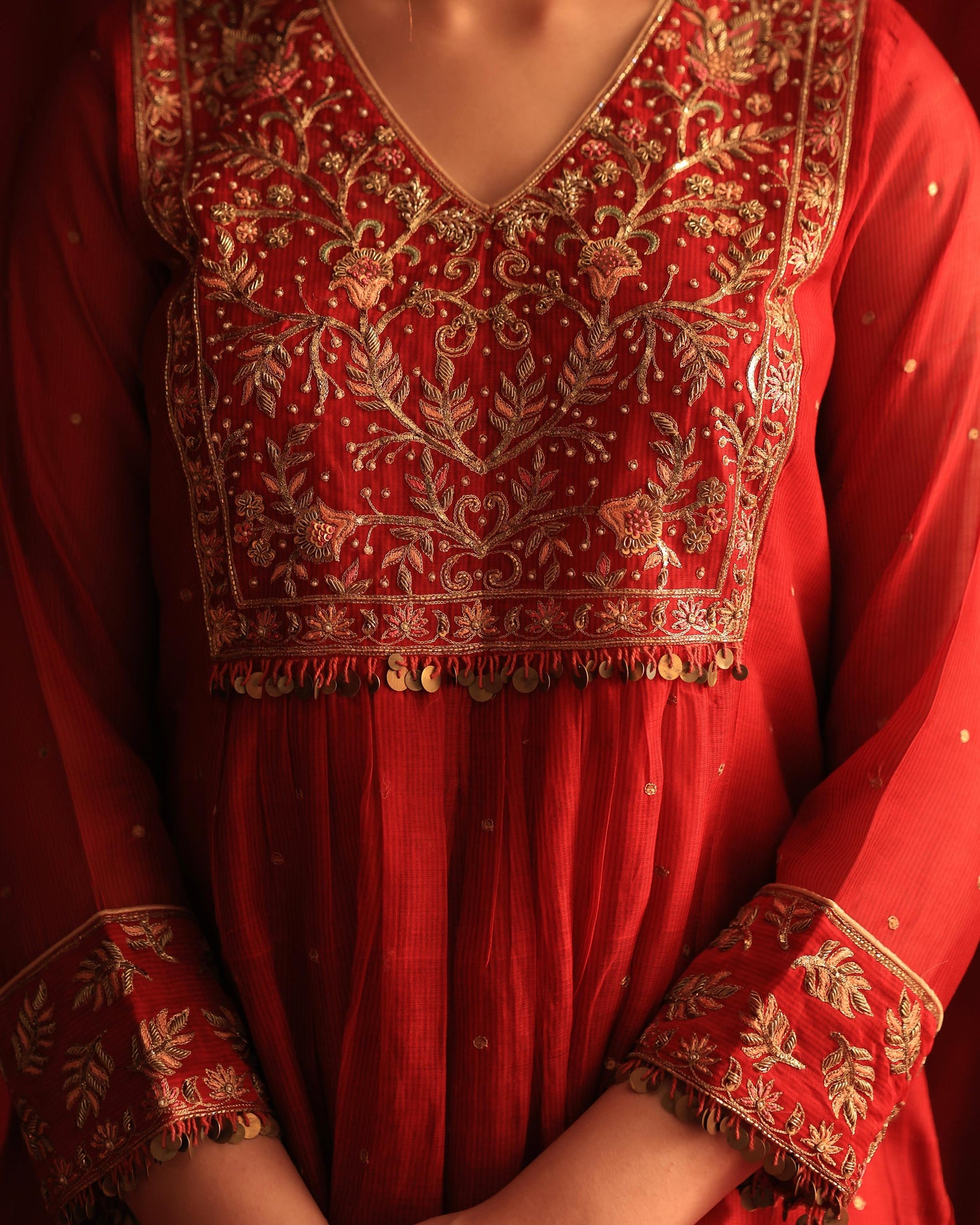 Red Maheshwari Silk Awadhi Zardosi Kurta Set