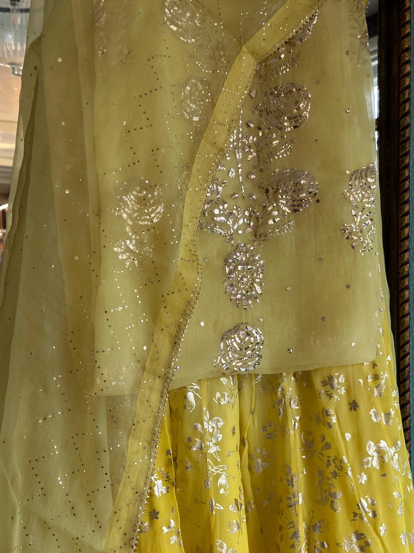 Light Yellow Foil Print Organza Chikankari Sharara Set