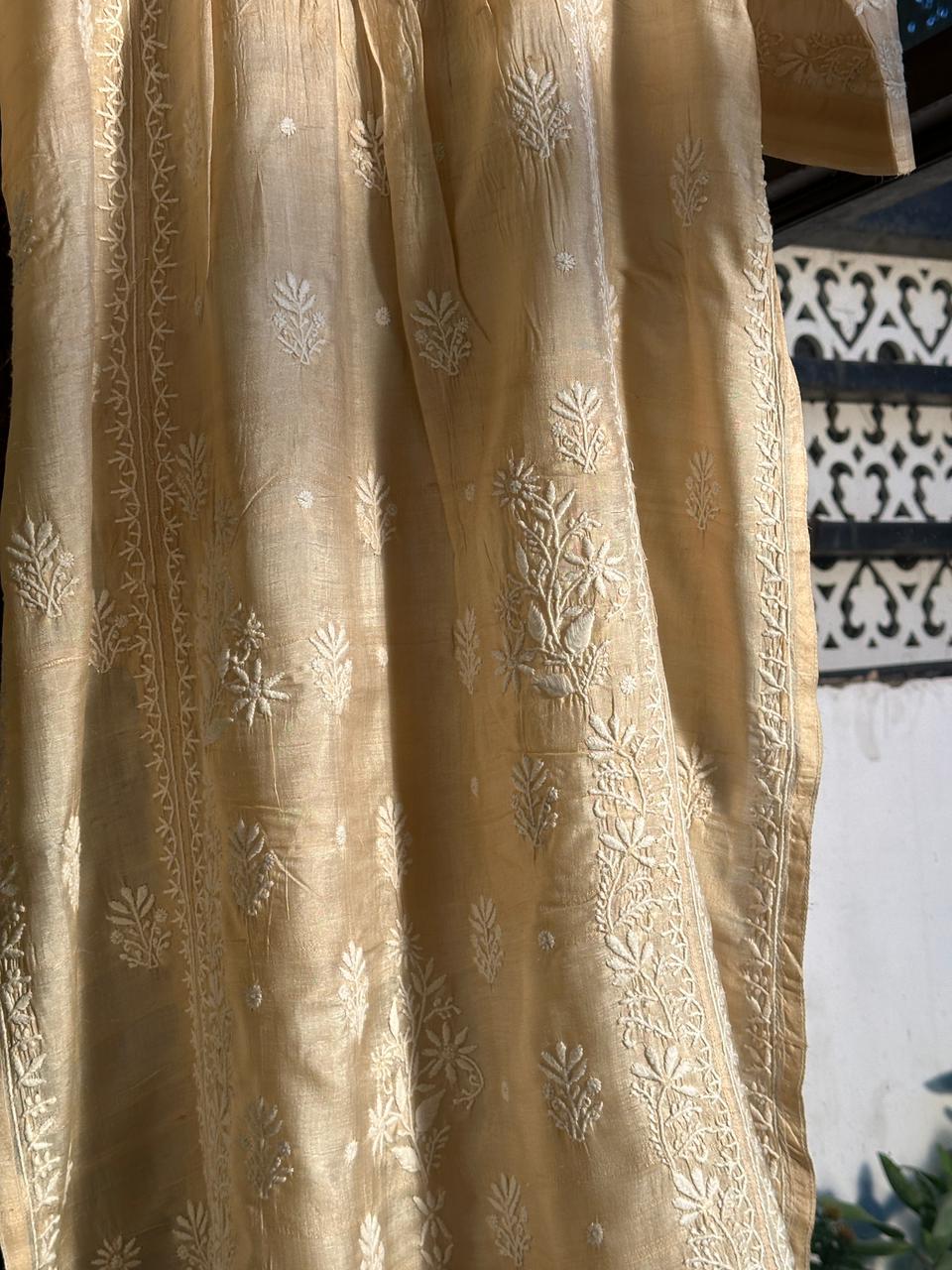 Natural Tussar Silk Chikankari Ready to Wear A Line Kurta