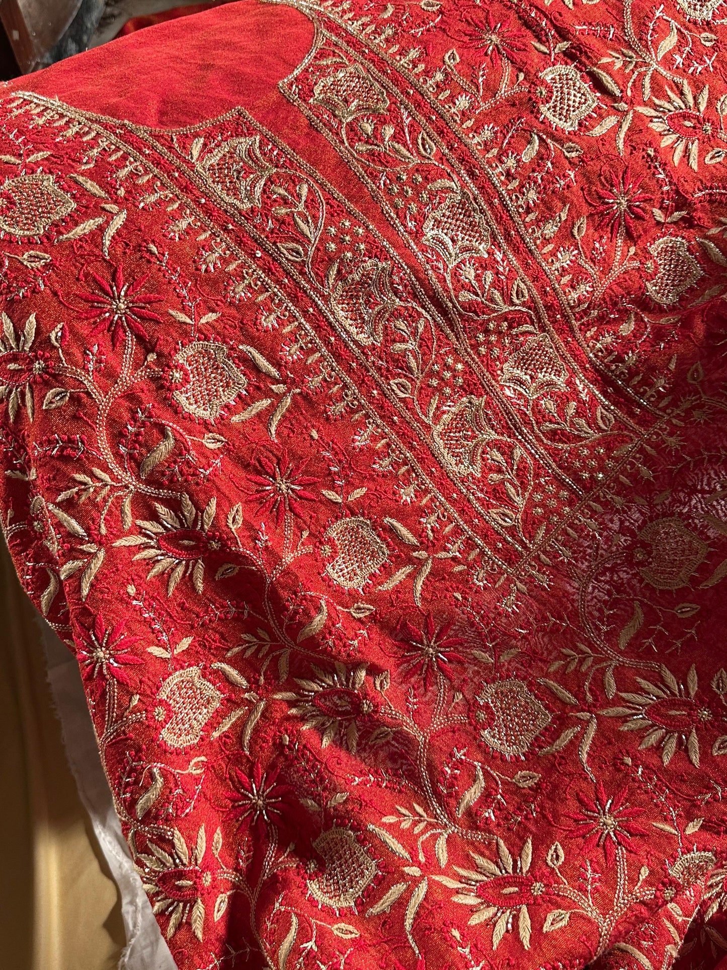 Red Tissue Silk Chikankari Unstitched Fabric