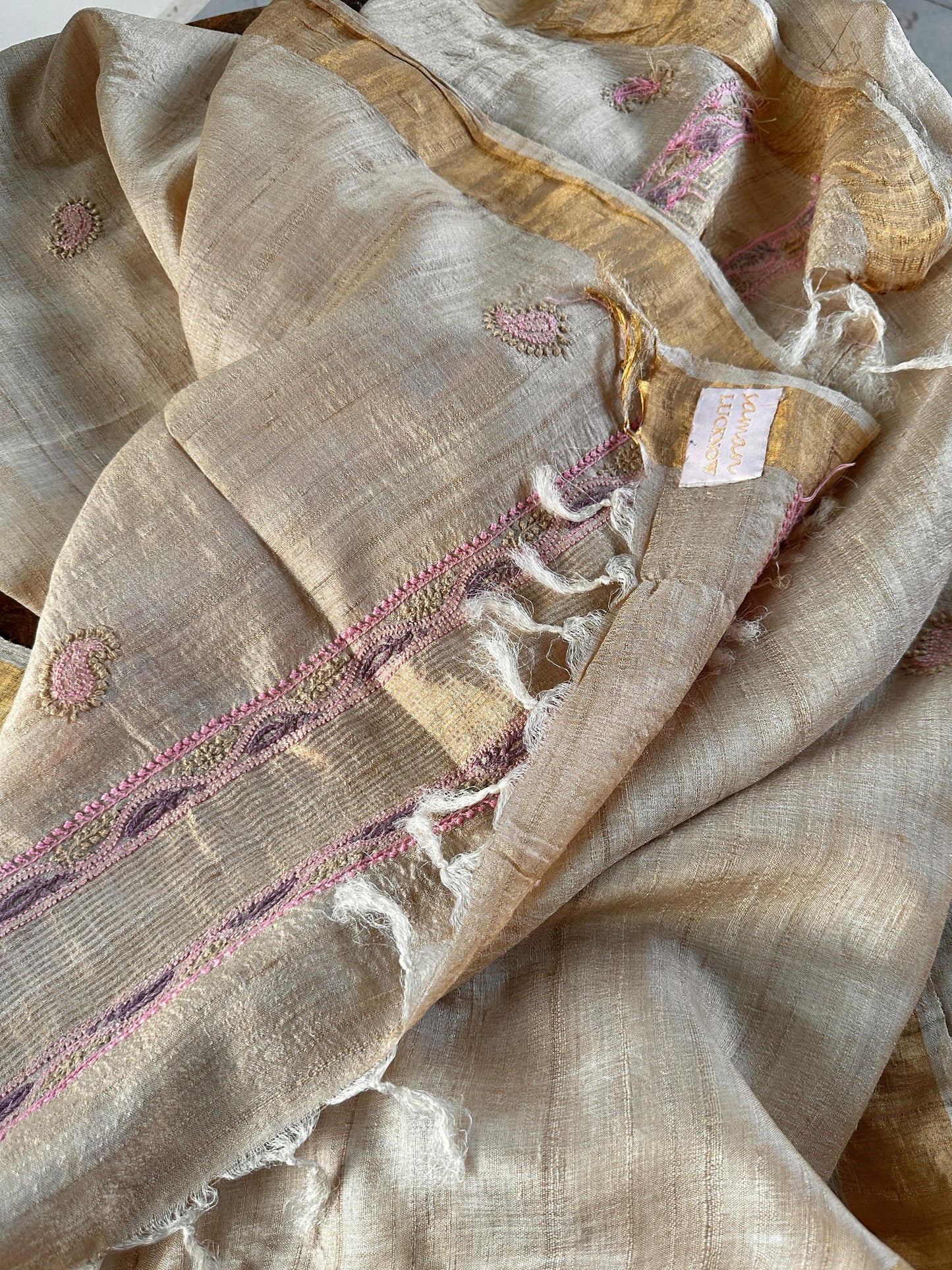 Natural Shade Tussar Silk Chikankari Fabric