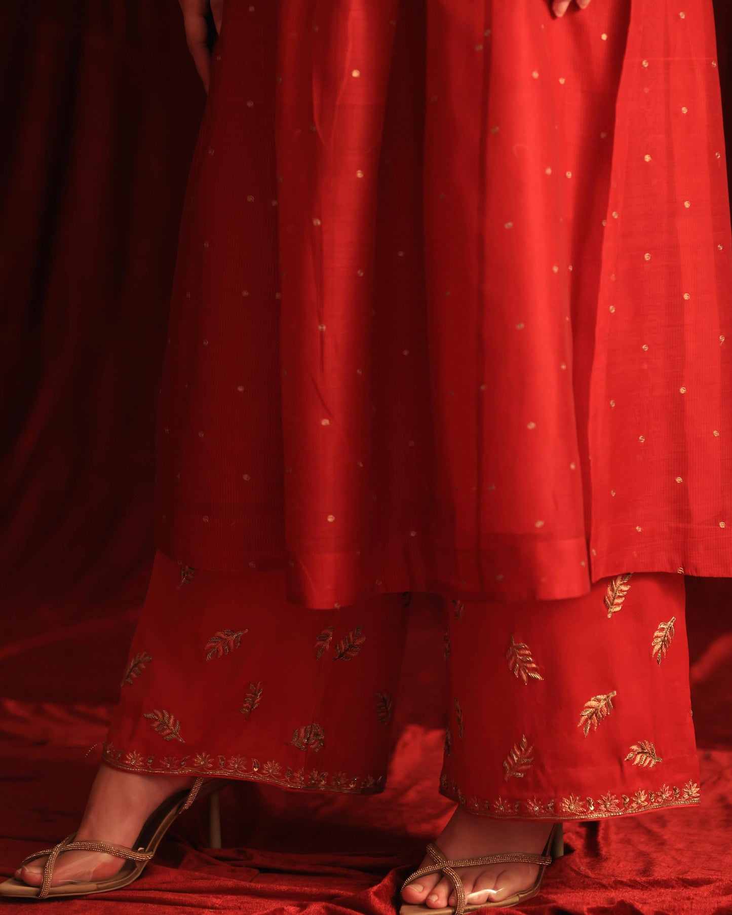 Red Maheshwari Silk Awadhi Zardosi Kurta Set