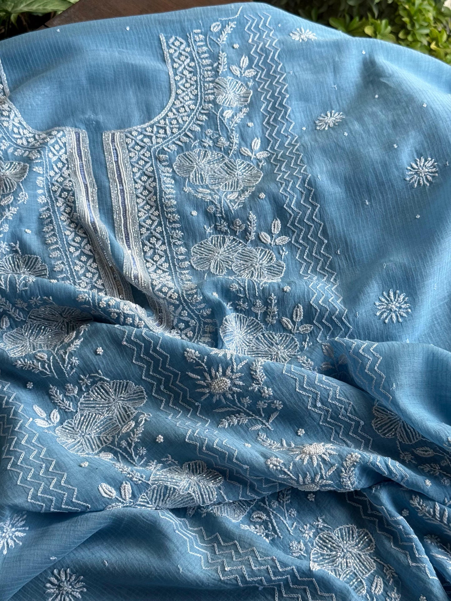 Blue Maheshwari Pearl Work Chikankari Unstitched Fabrics