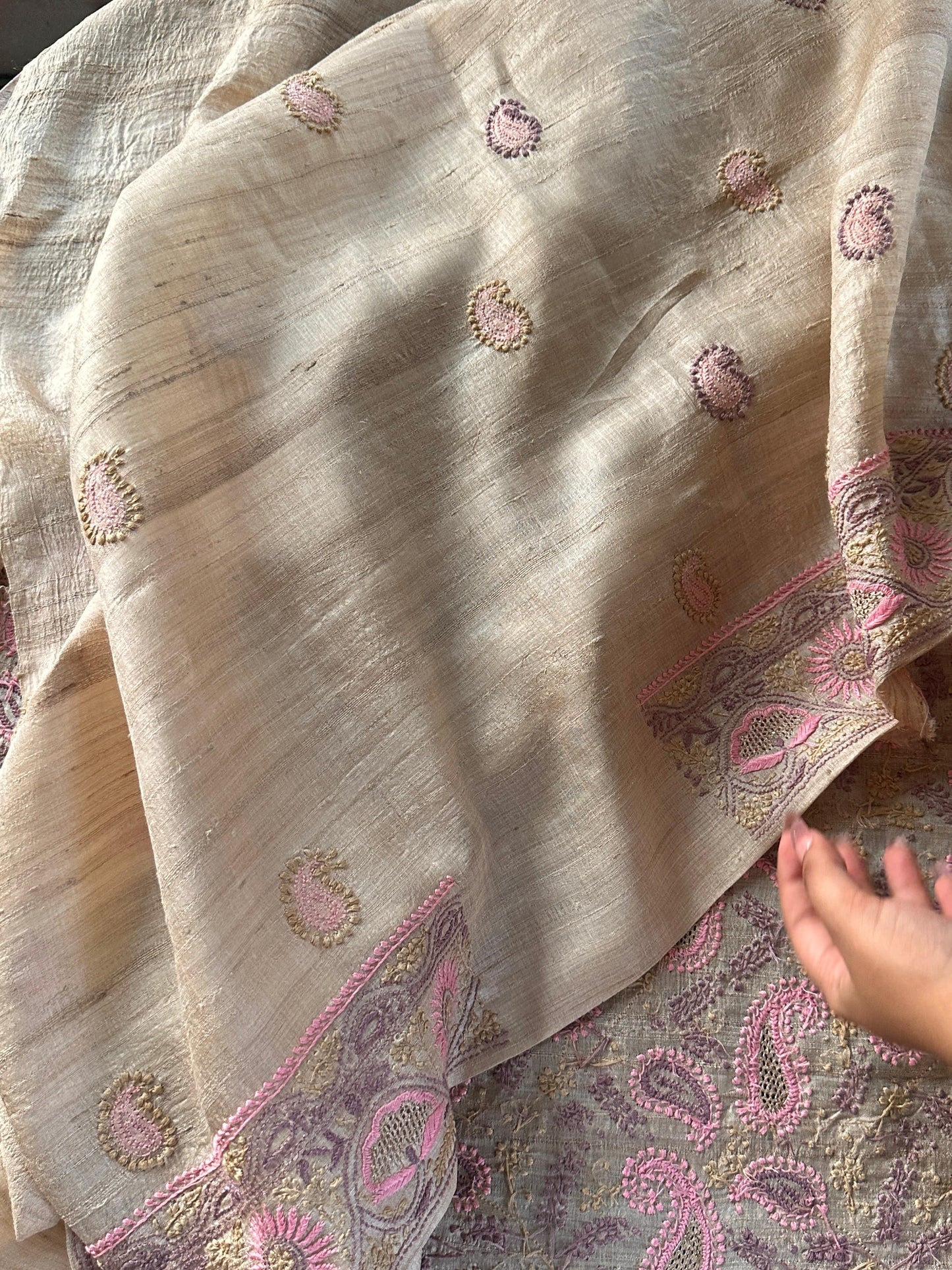 Natural Shade Tussar Silk Chikankari Fabric