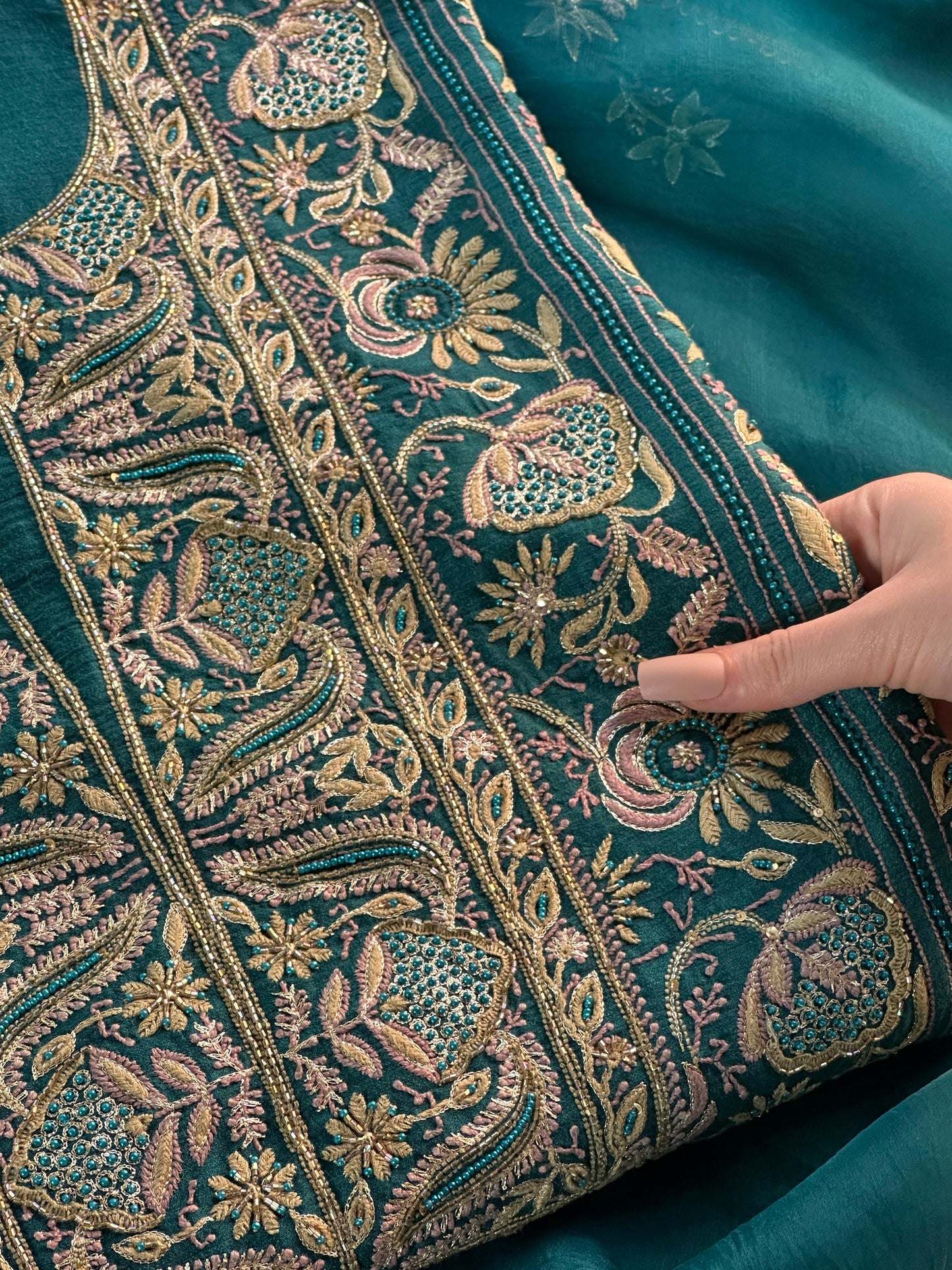 Peacock Blue Shade Moonga Silk Chikankari Unstitched Fabric