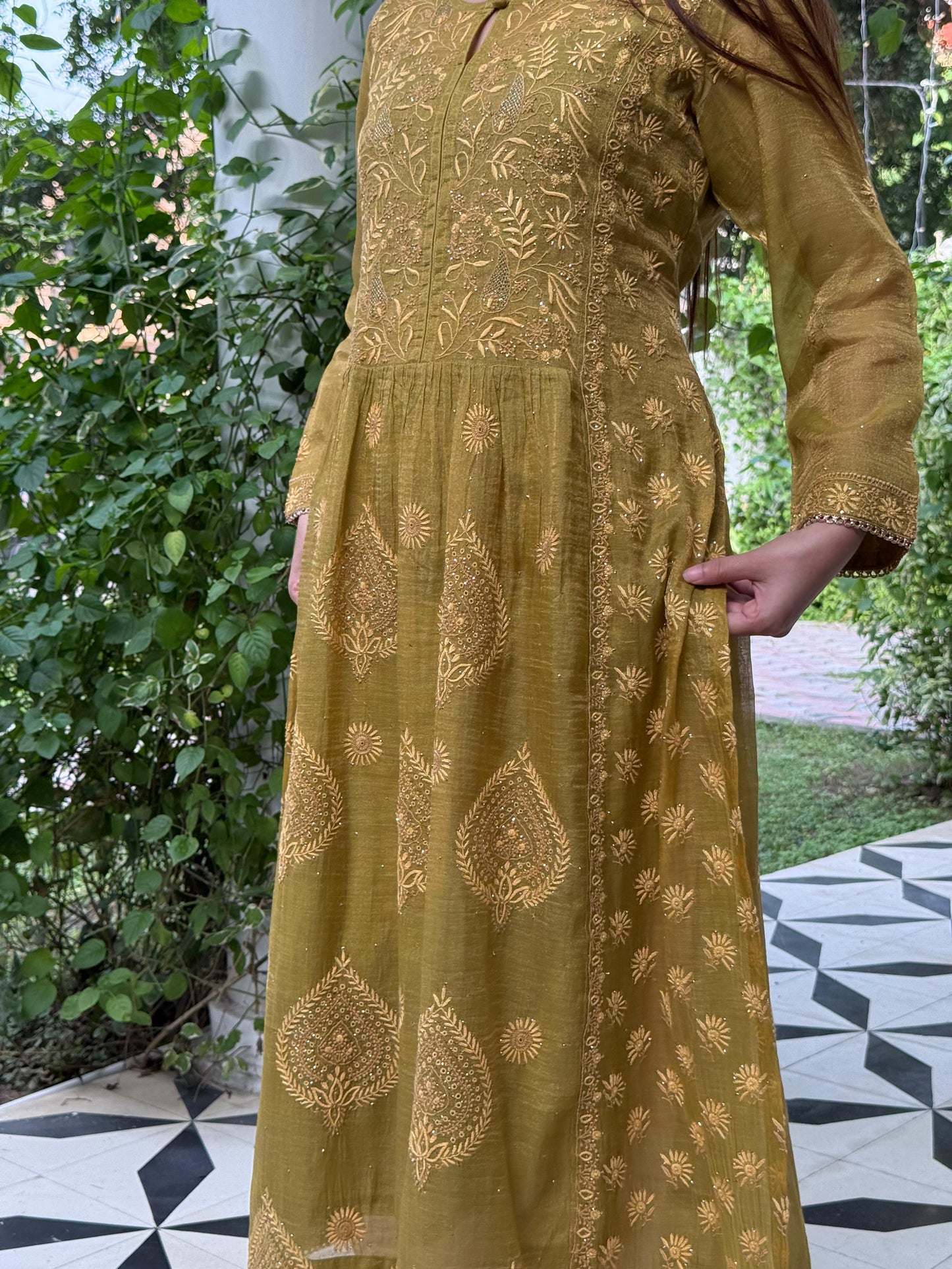 Fern Green Tissue Silk Chikankari Kalidar Kurta Dupatta Set