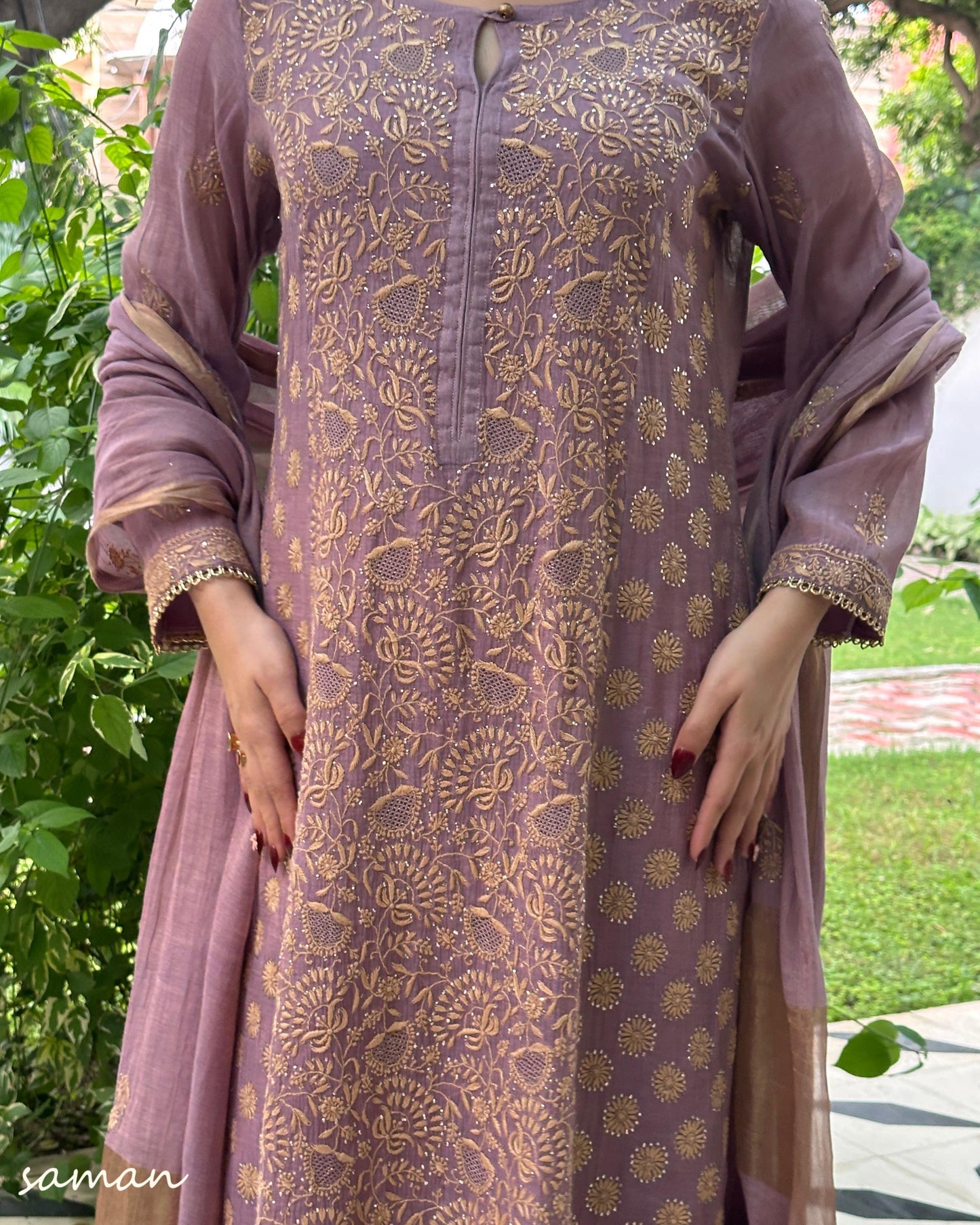 Dusty Lilac Tissue Silk Chikankari Kurta Set