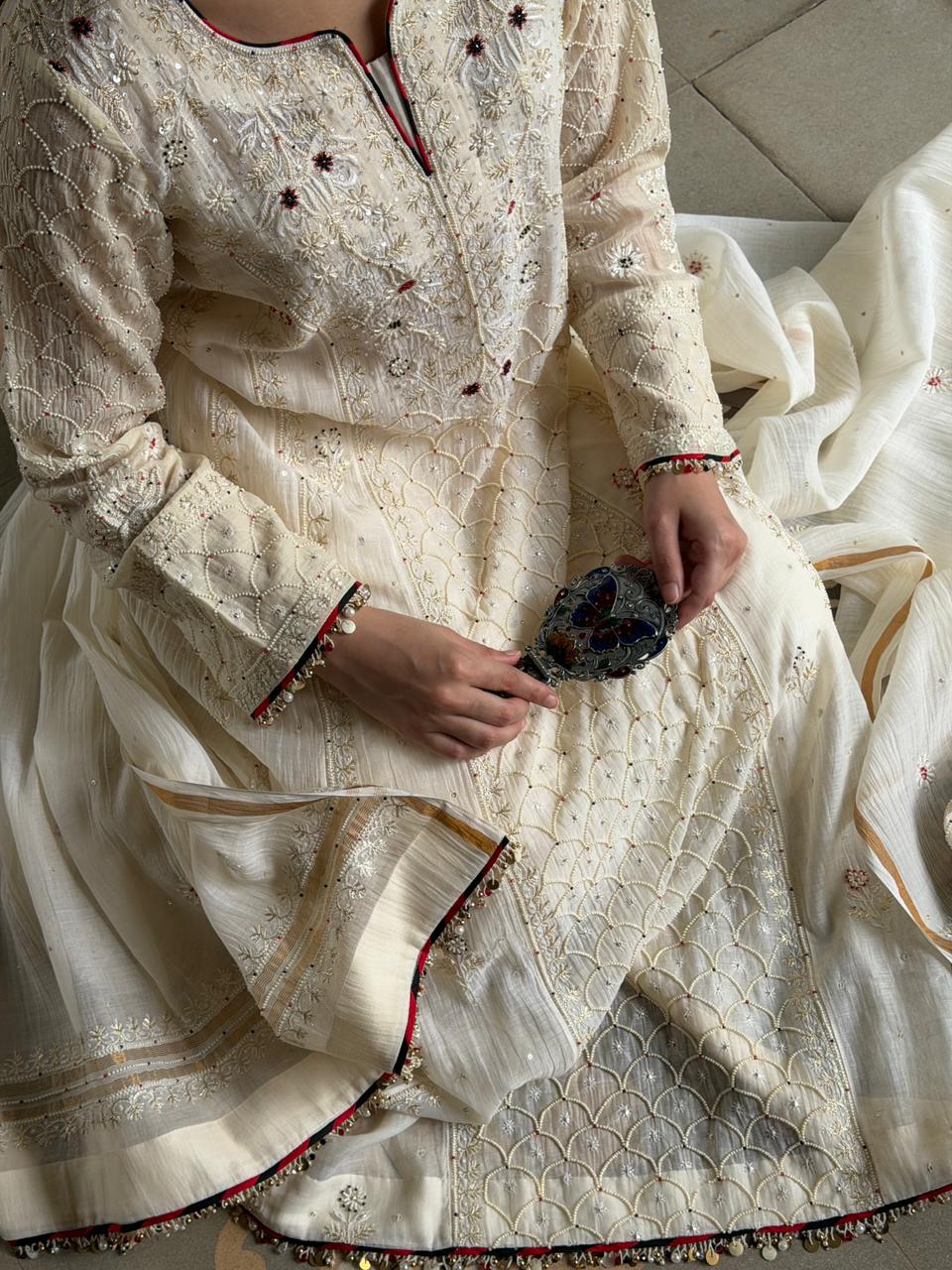 Off White Shade Malmal Pearl Work Chikankari A Line Kalidar Kurta With Dupatta