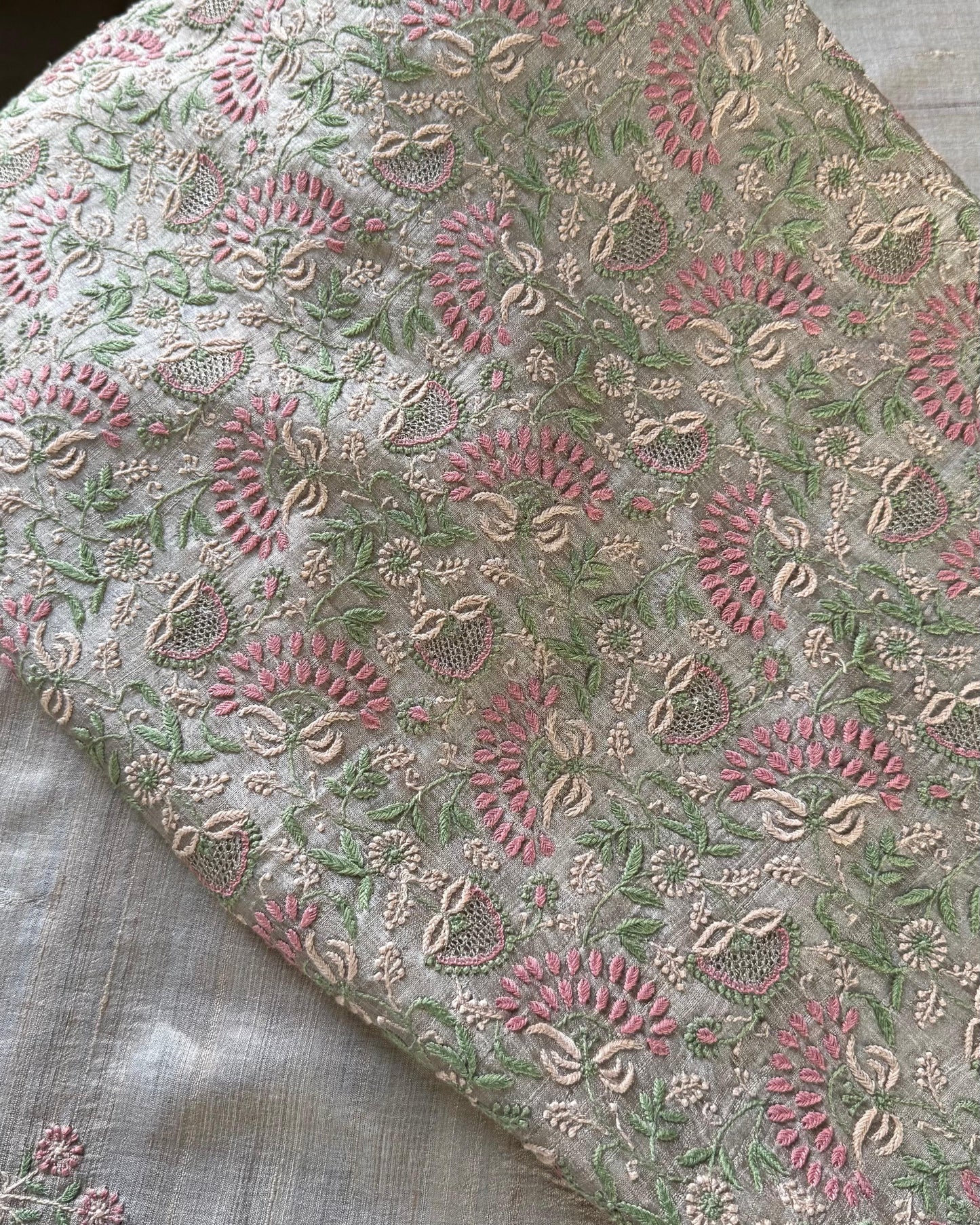 Natural Beige Tussar Silk Chikankari Fabric
