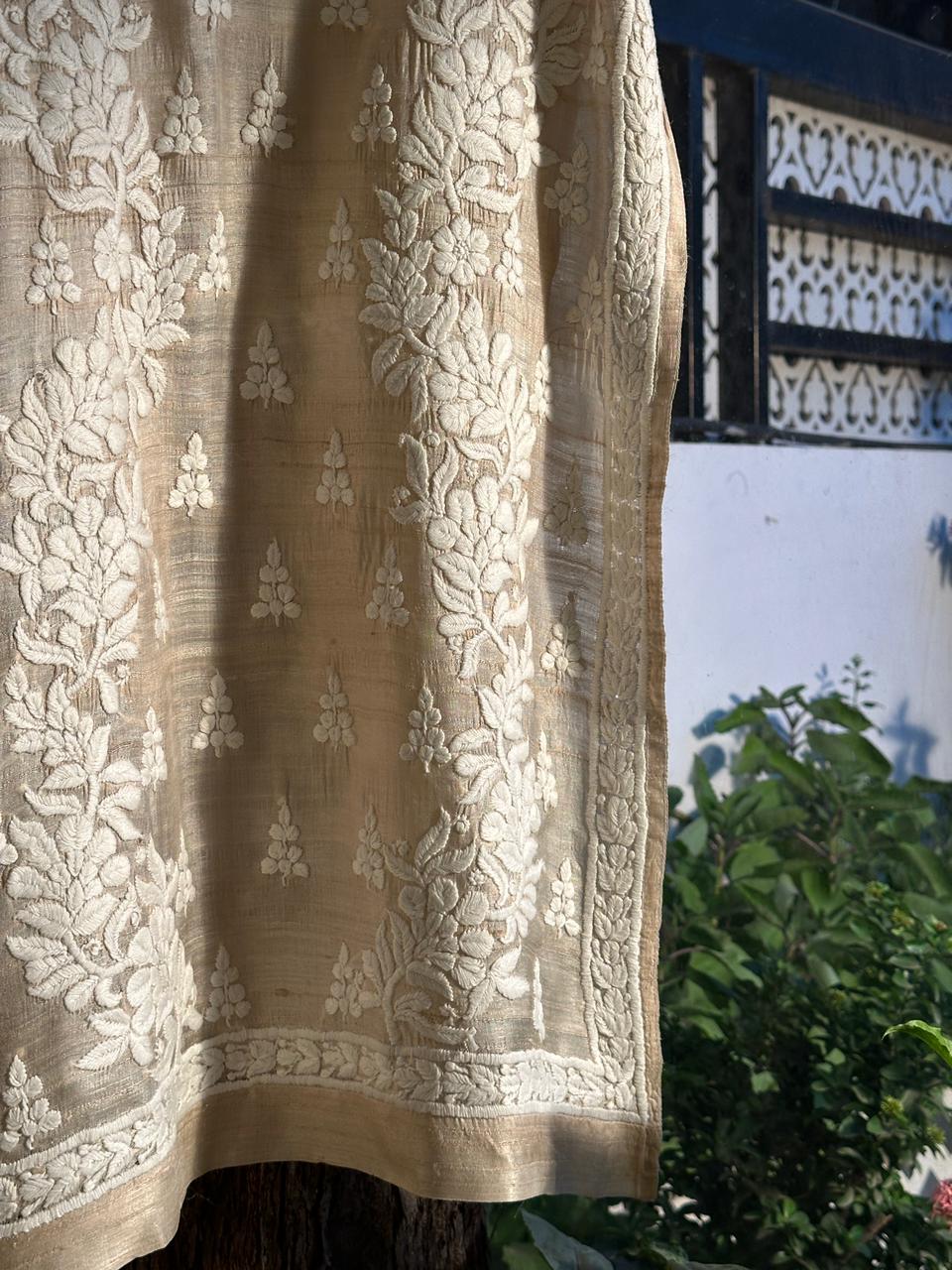 Natural Tussar Silk Chikankari Ready to Wear Straight Kurta