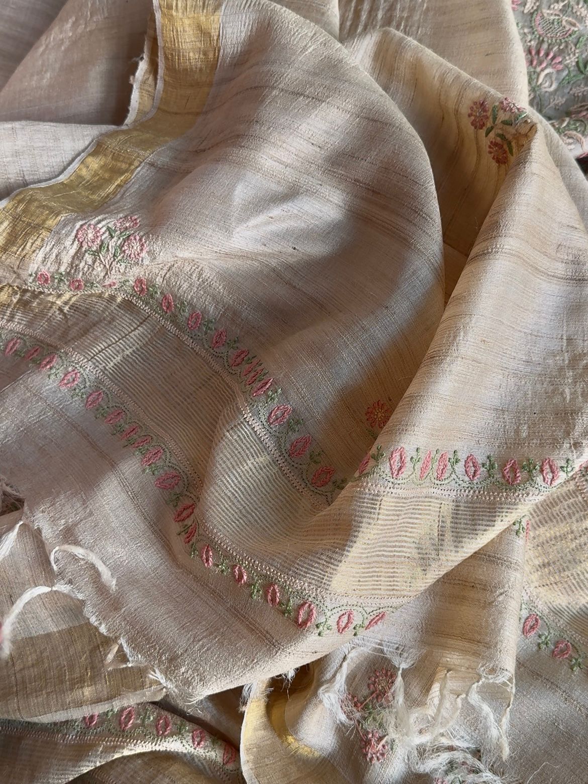 Natural Beige Tussar Silk Chikankari Fabric