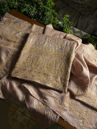 Beige Shade Roheen Tussar Silk Chikankari Fabric