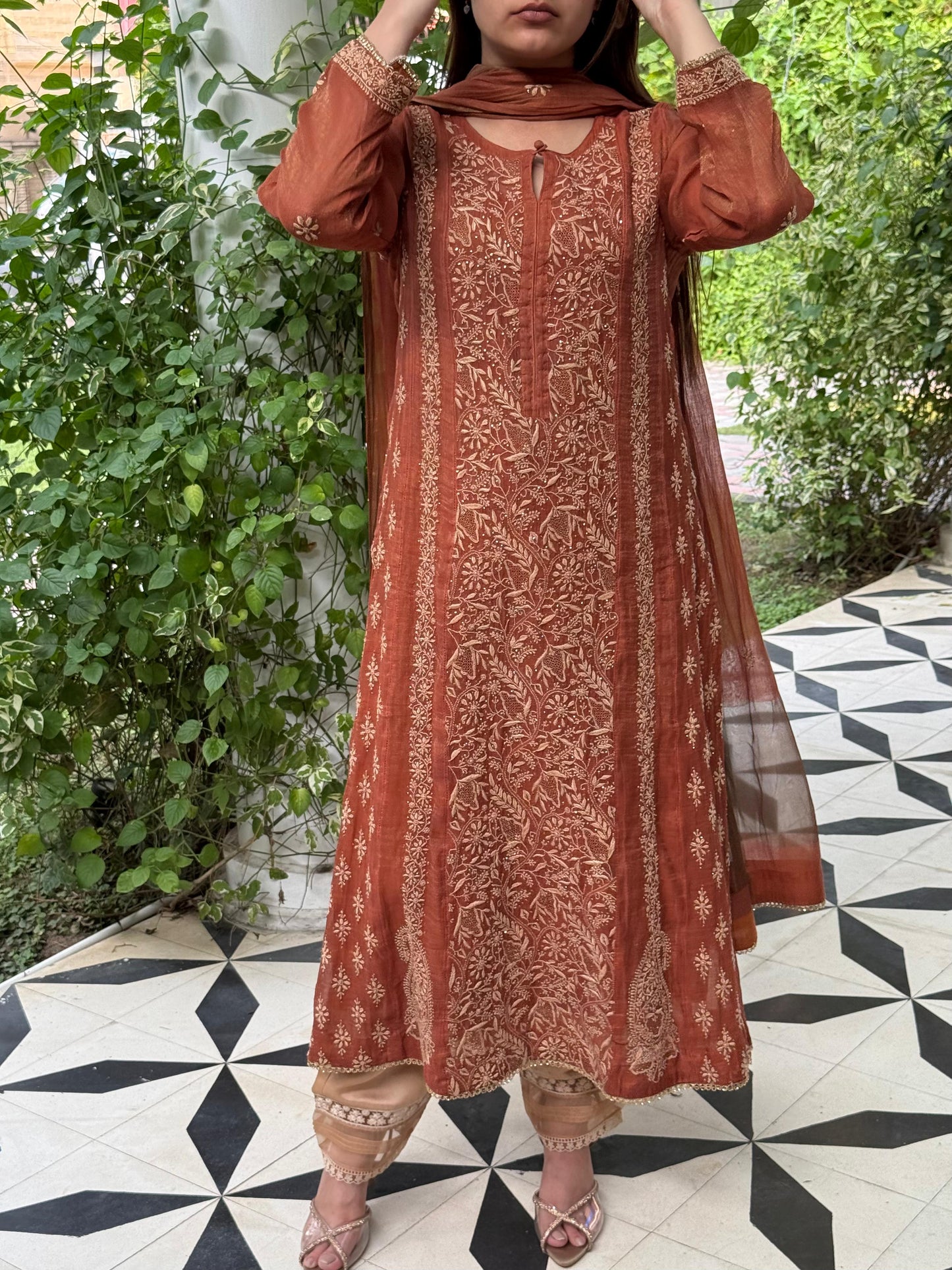 Rust Orange Tissue Silk Chikankari Straight Cut Kurta Dupatta Set