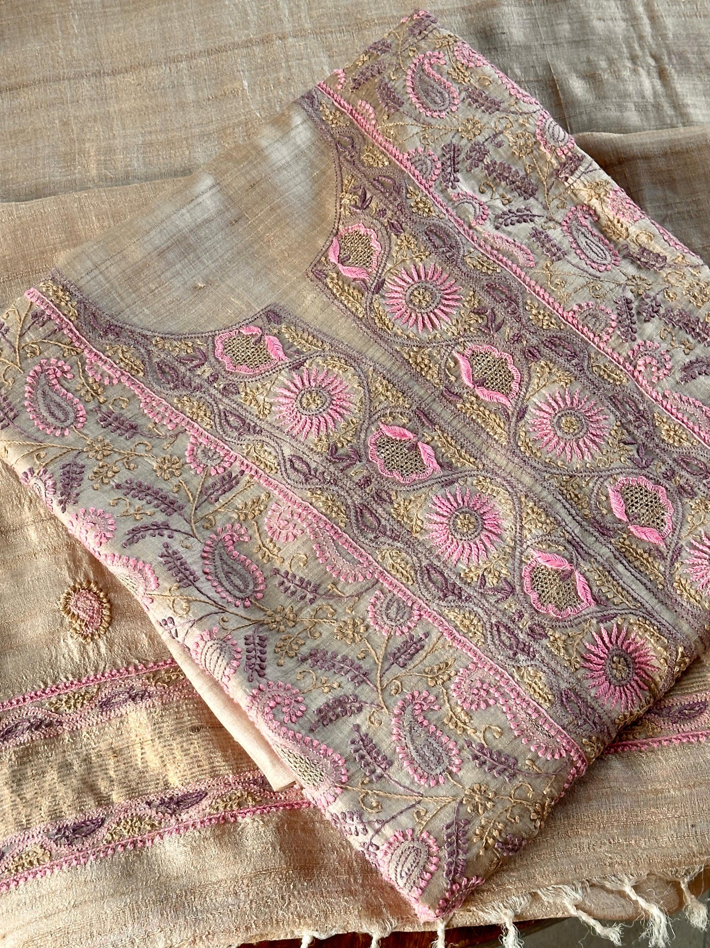 Natural Shade Tussar Silk Chikankari Fabric