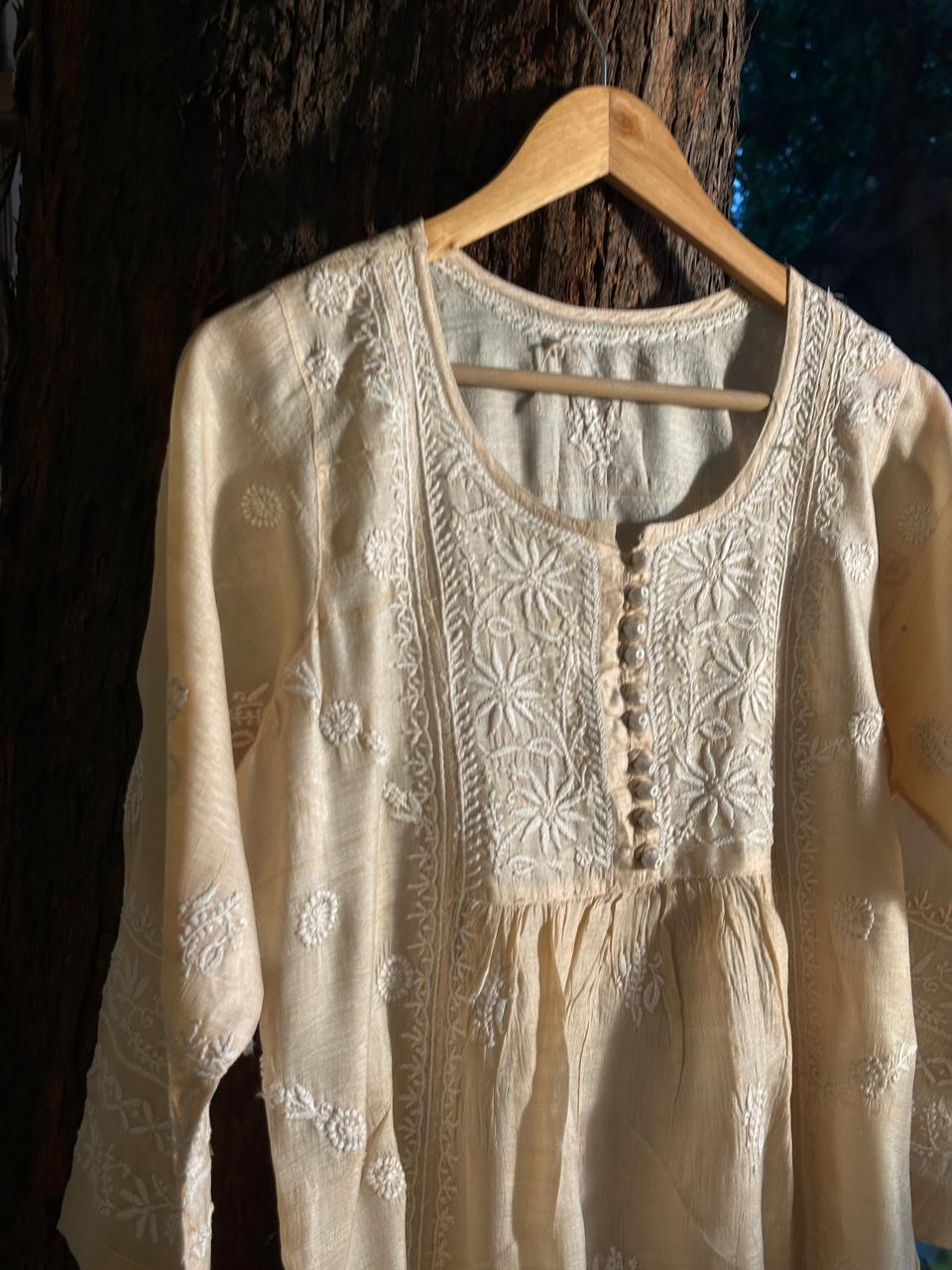 Natural Tussar Silk Chikankari Ready to Wear A Line Kurta