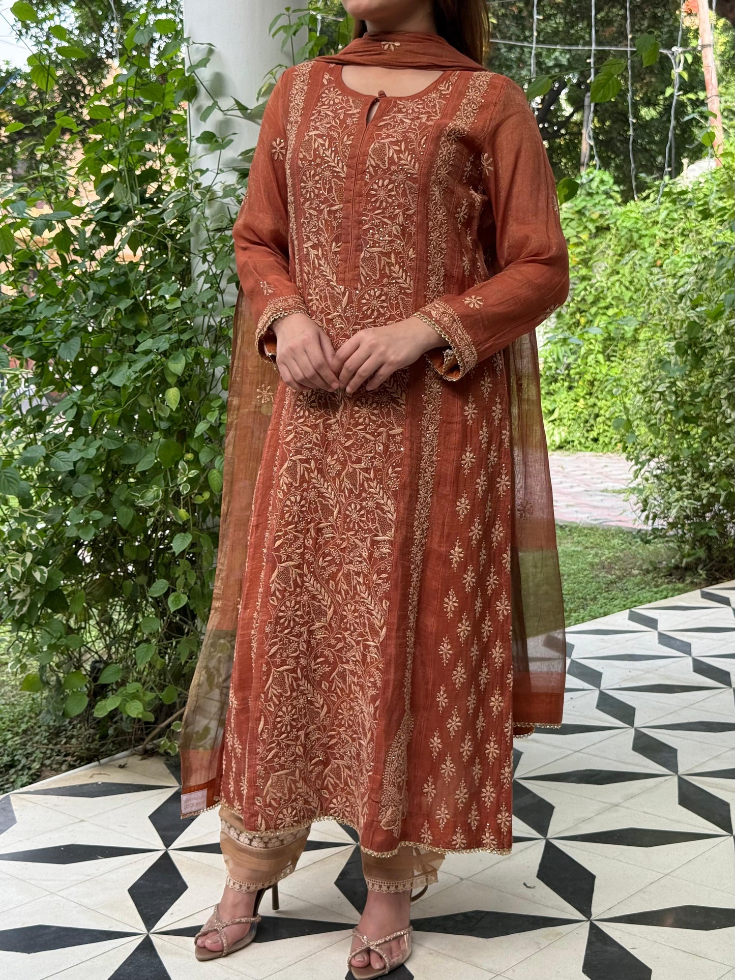 Rust Orange Tissue Silk Chikankari Straight Cut Kurta Dupatta Set