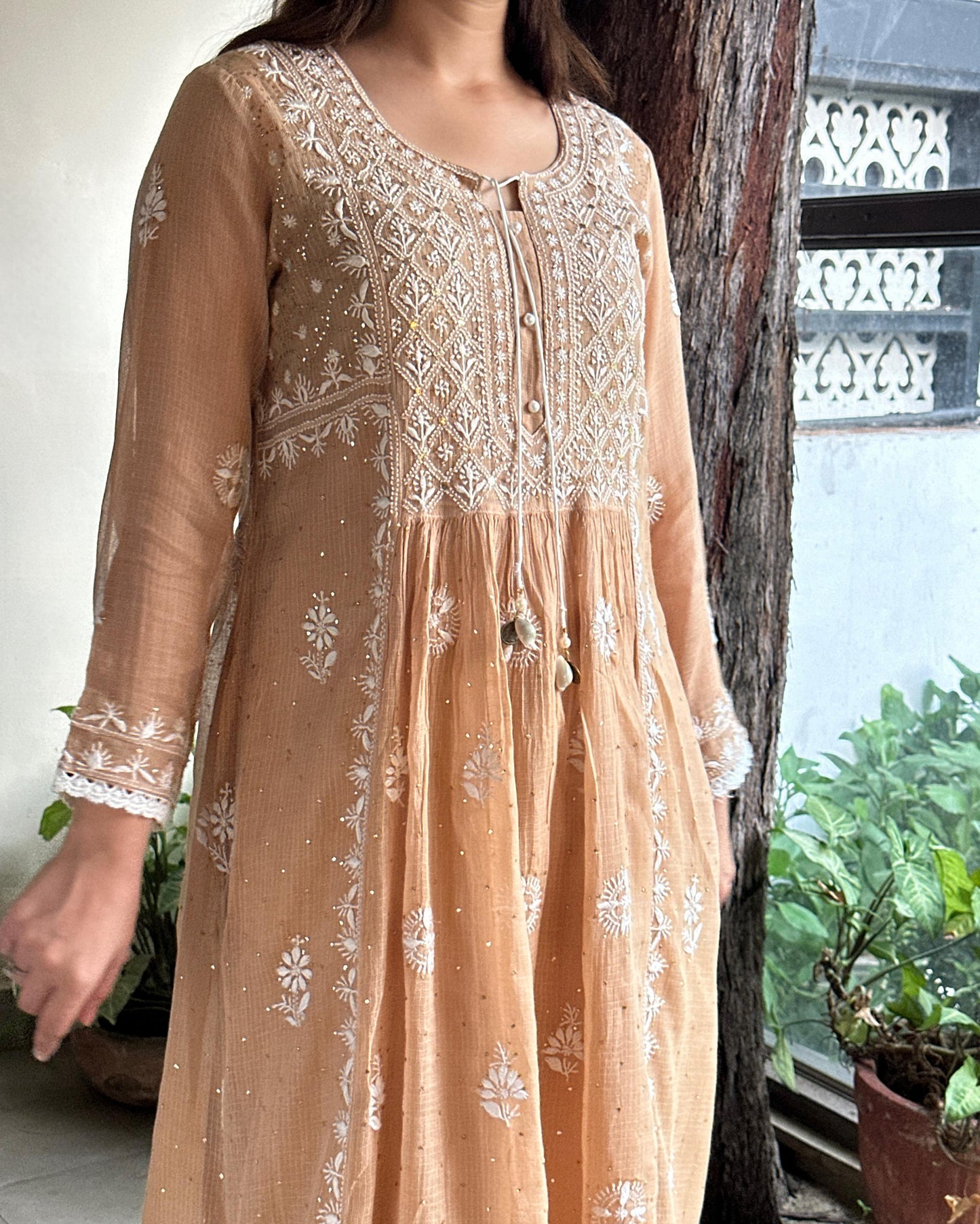 Beige Kota Chikankari with Mukaish Kamdani Tunics