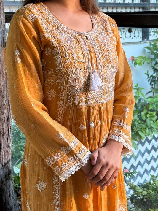Tissue Silk Chikankari Angarkha With Ari & Beads Work