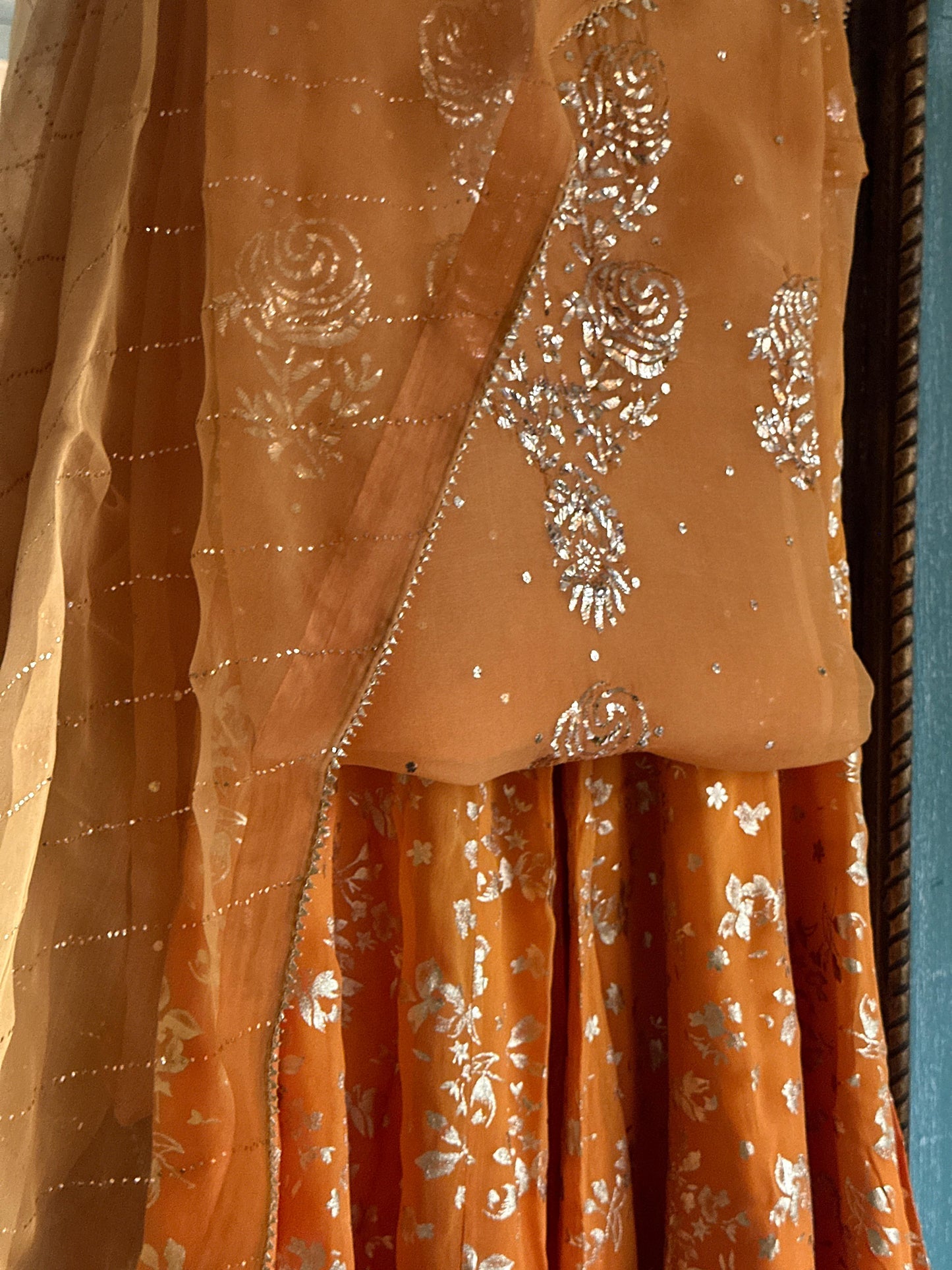 Saffron Shade Foil Print Organza Chikankari Sharara Set