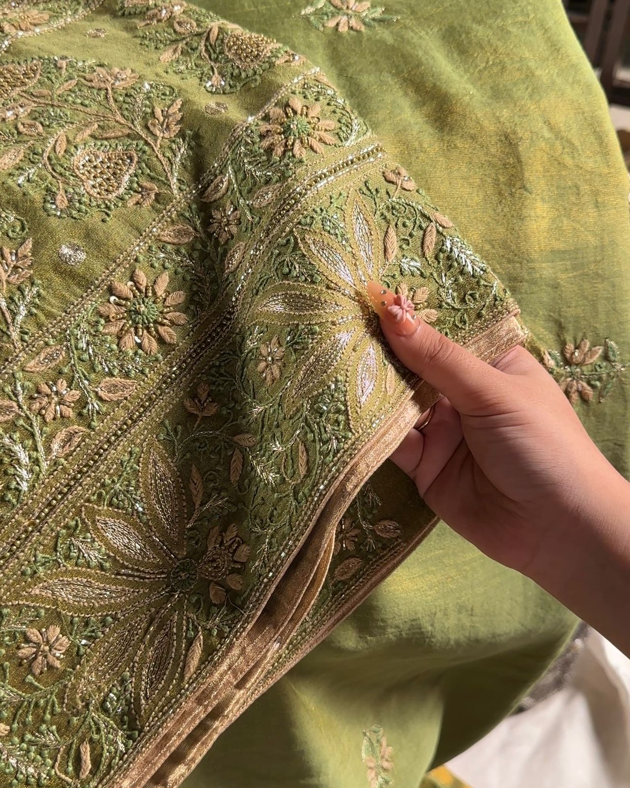 Green Tissue Silk Chikankari Unstitched Fabric