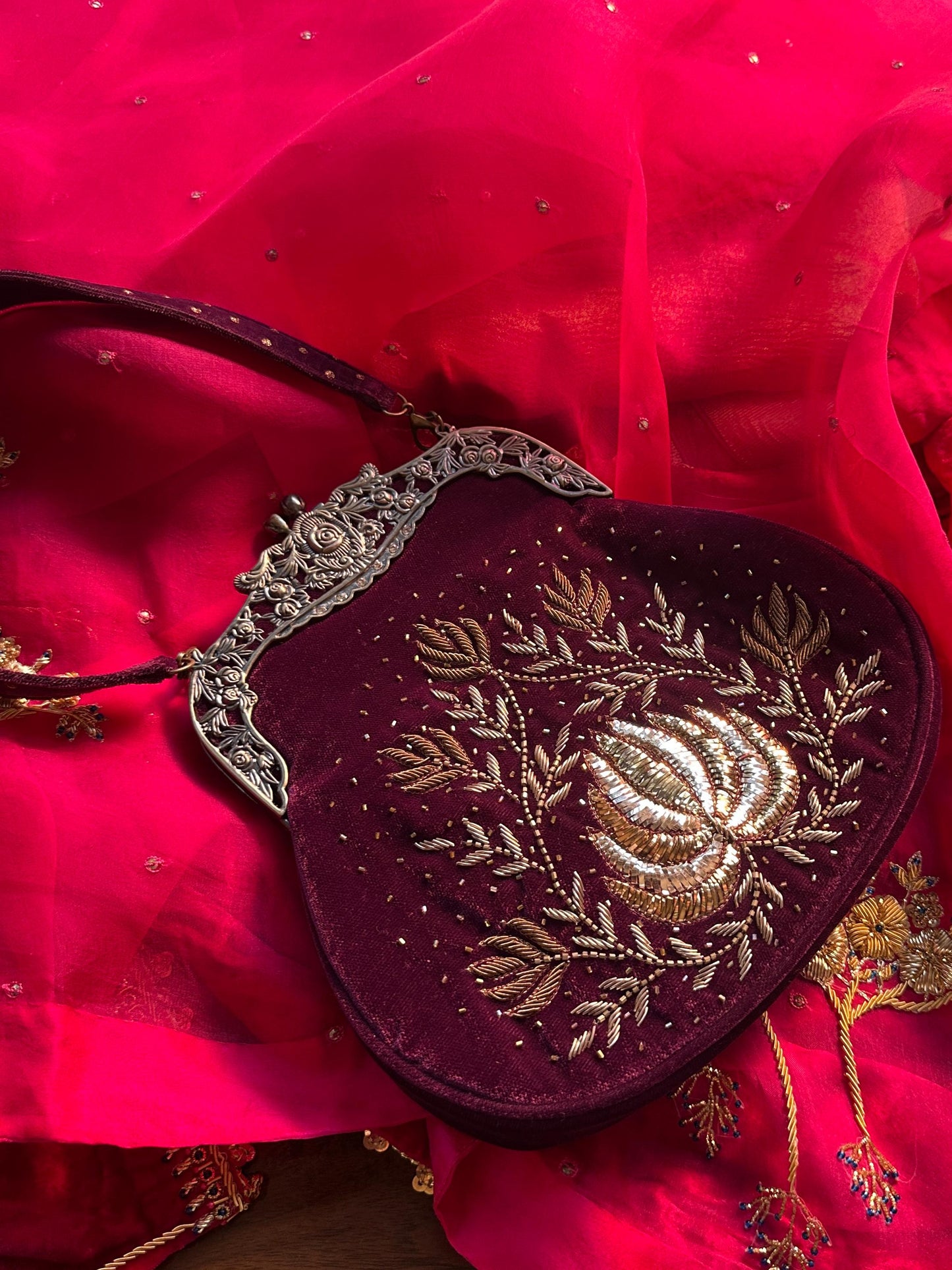 Burgundy Shade Velvet Ari Mukaish Zardosi Sling Bag