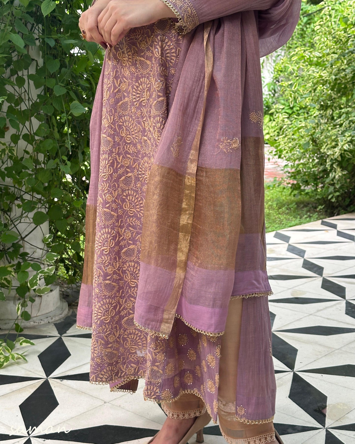 Dusty Lilac Tissue Silk Chikankari Kurta Set