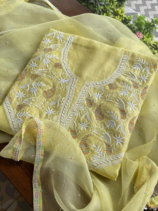 Butter Yellow Mul Chikankari Unstitched Kurta Set