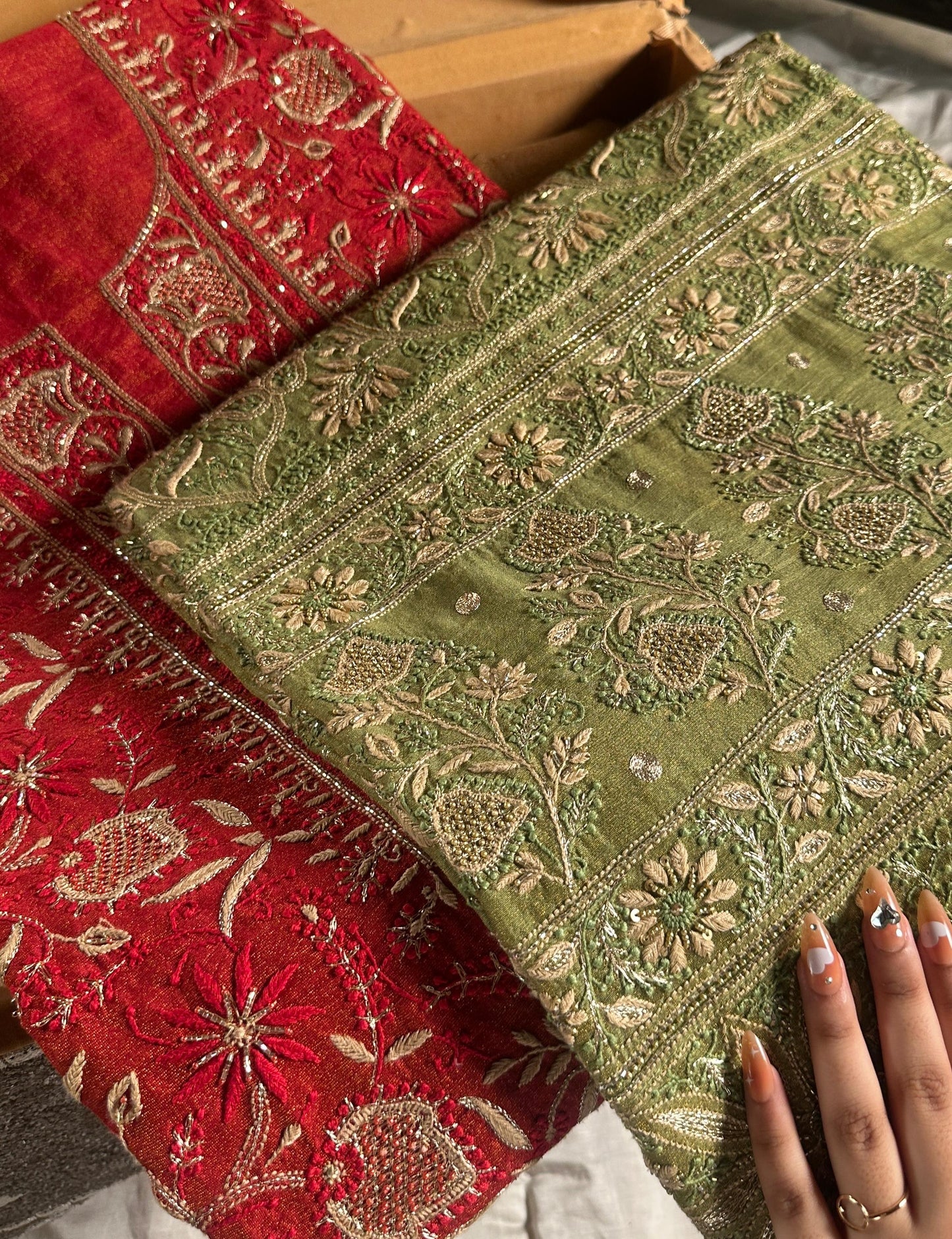 Green Tissue Silk Chikankari Unstitched Fabric