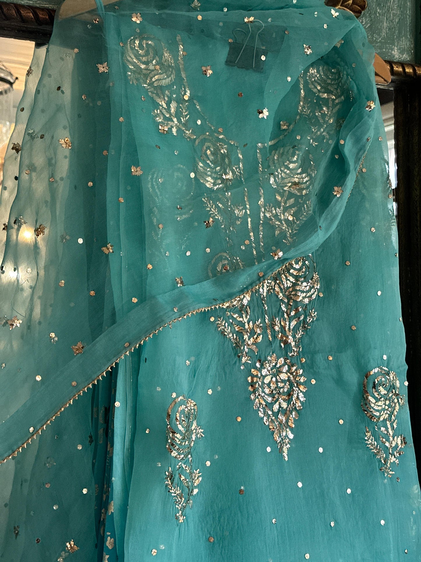 Aqua Blue Foil Print Organza Chikankari Sharara Set