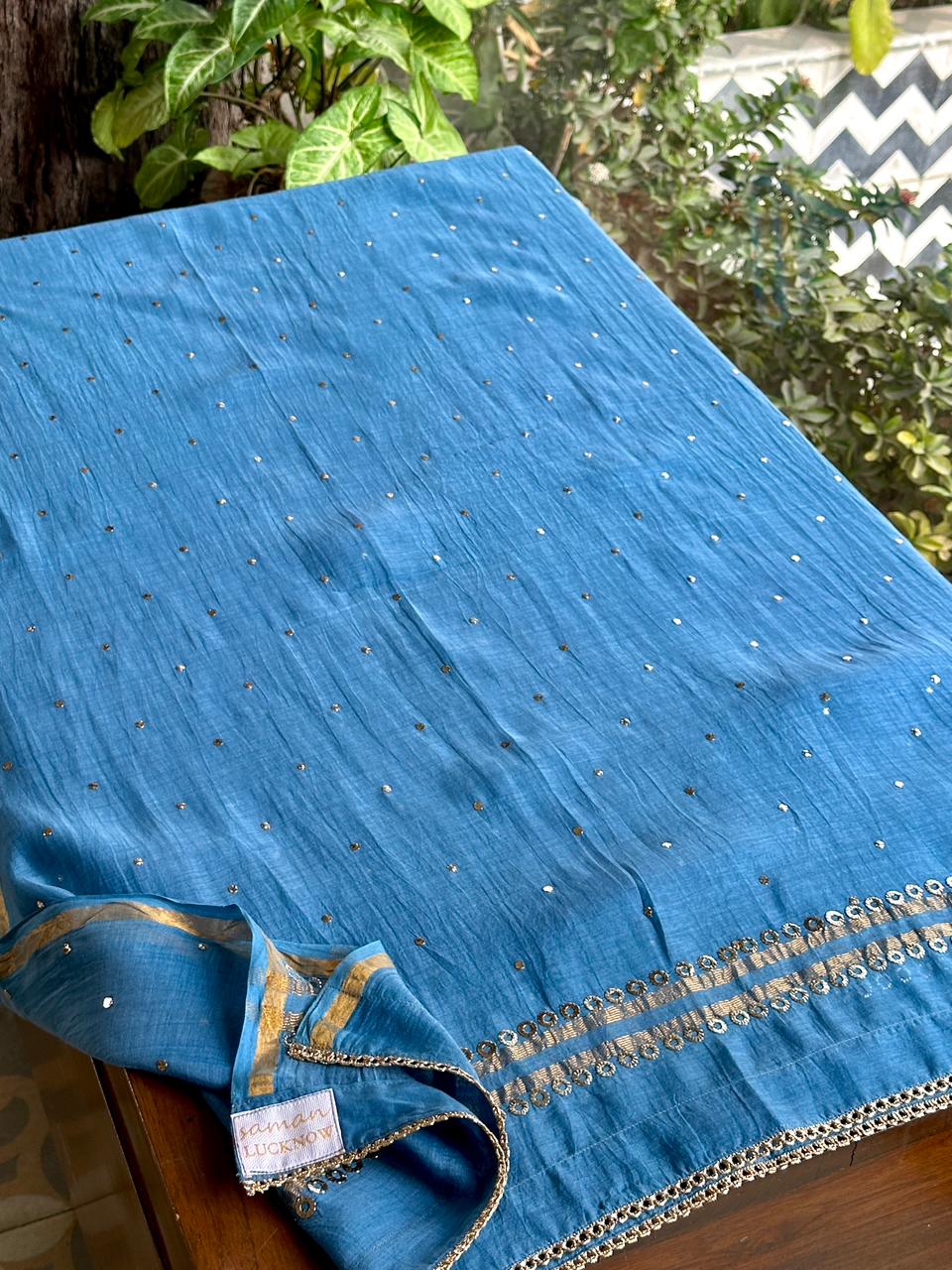 Blue Shade Mukaish Mul Chanderi Silk Dress
