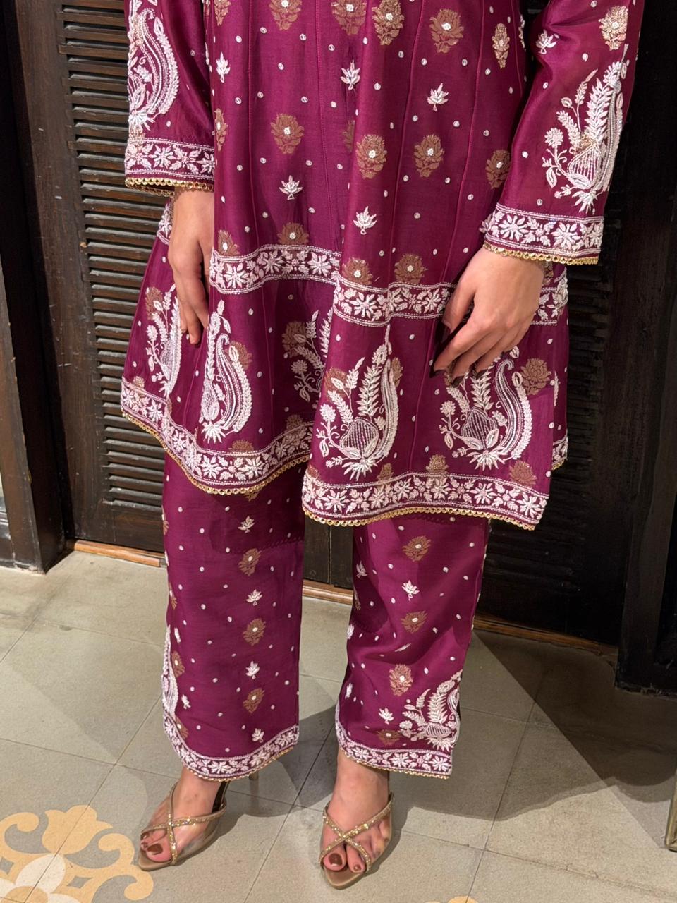 Plum Purple Zari Chanderi Chikankari Co-Ord Set