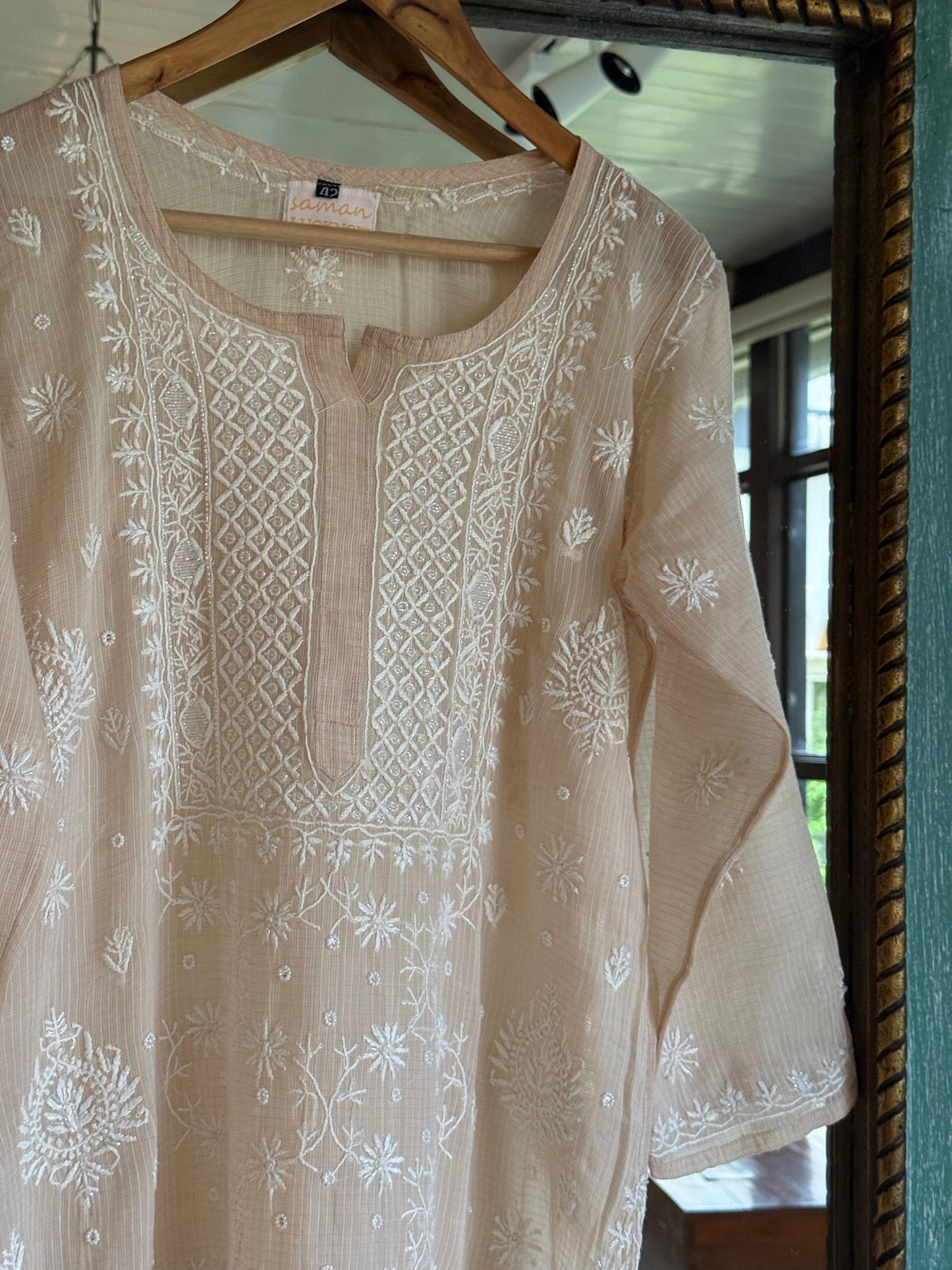 Beige Sequinned Chikankari Kota Kurta