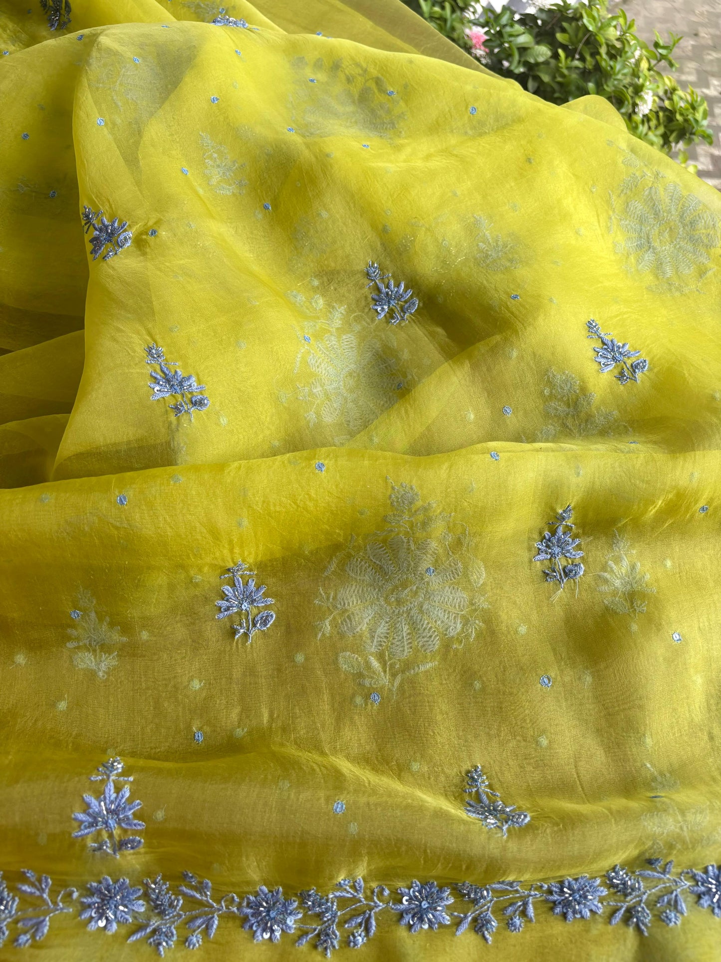Lime Green & Grey Noor Organza Silk Chikankari Unstitched Fabric