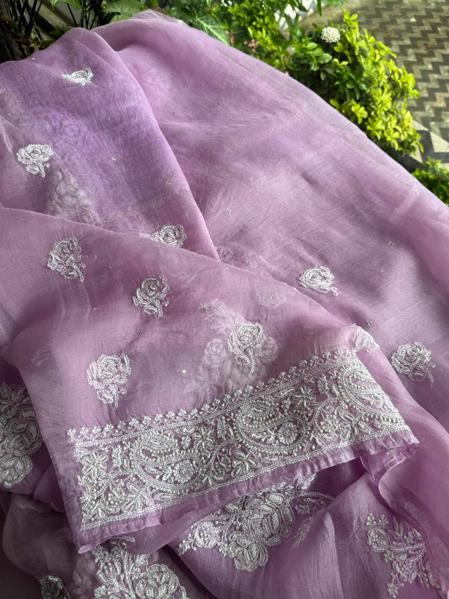 Lavender Pink Noor Organza Silk Chikankari Unstitched Kurta Dupatta Set