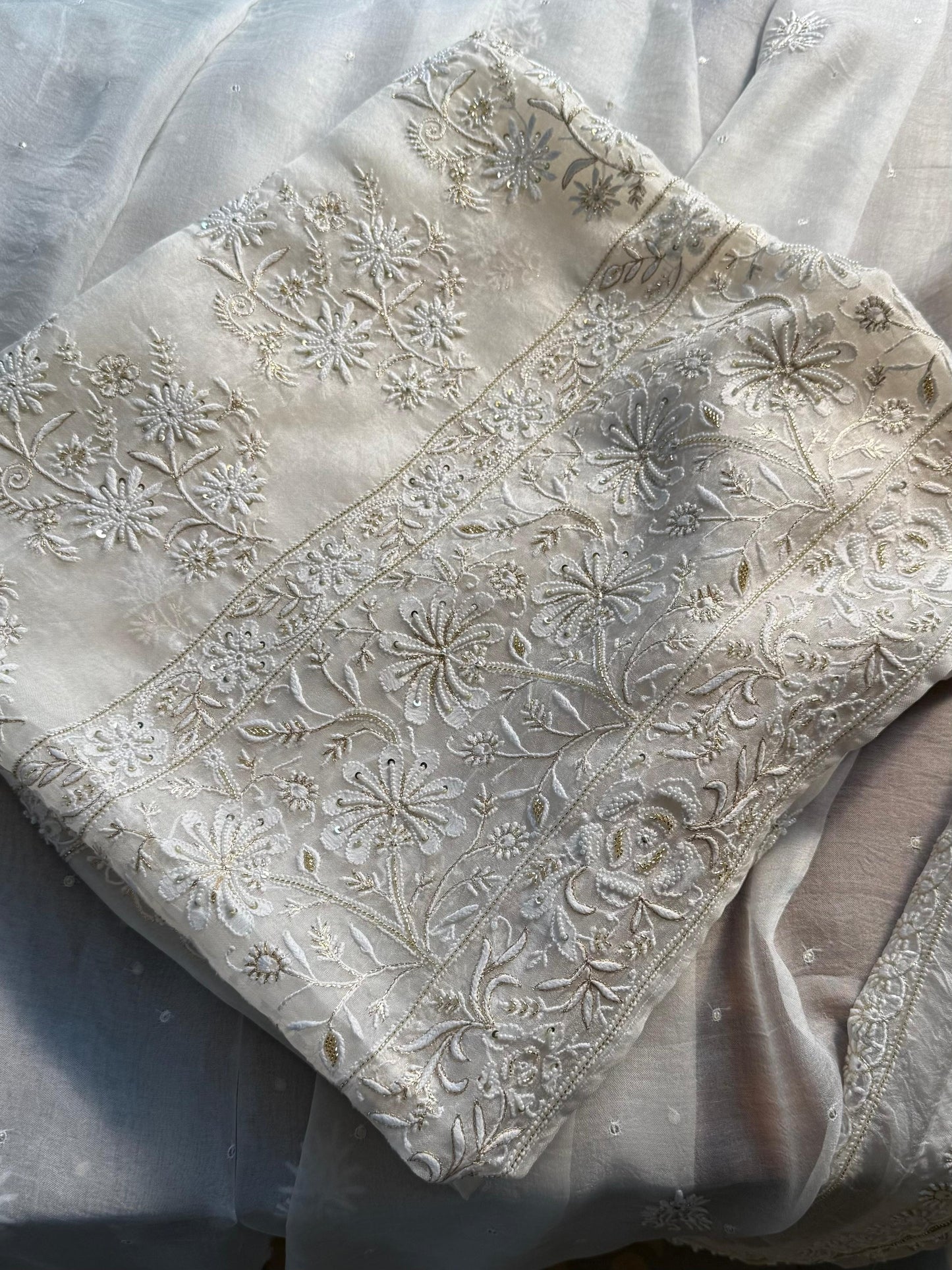 White Noor Organza Banarasi Silk Chikankari Unstitched Kurta Dupatta Set