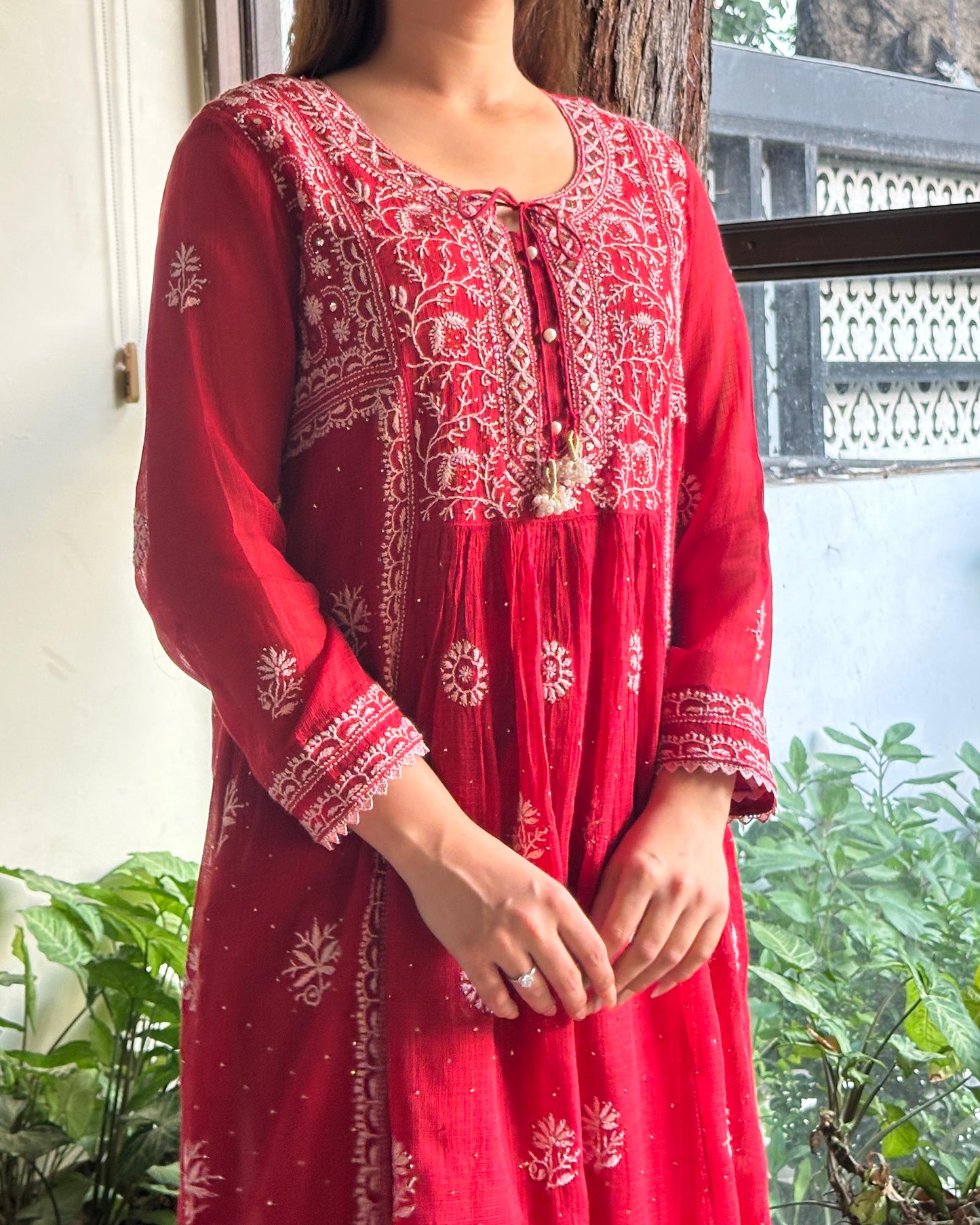 Red Kota Chikankari with Mukaish Kamdani Tunics