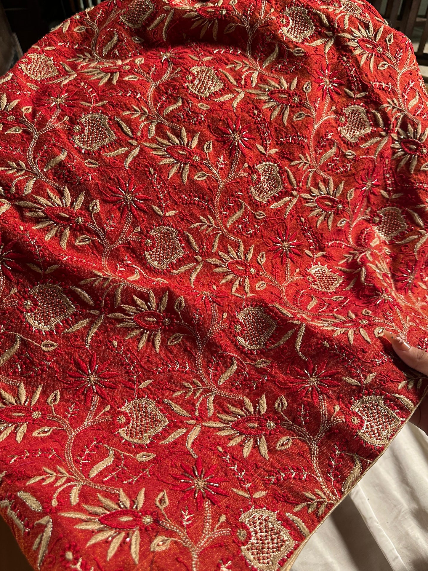 Red Tissue Silk Chikankari Unstitched Fabric