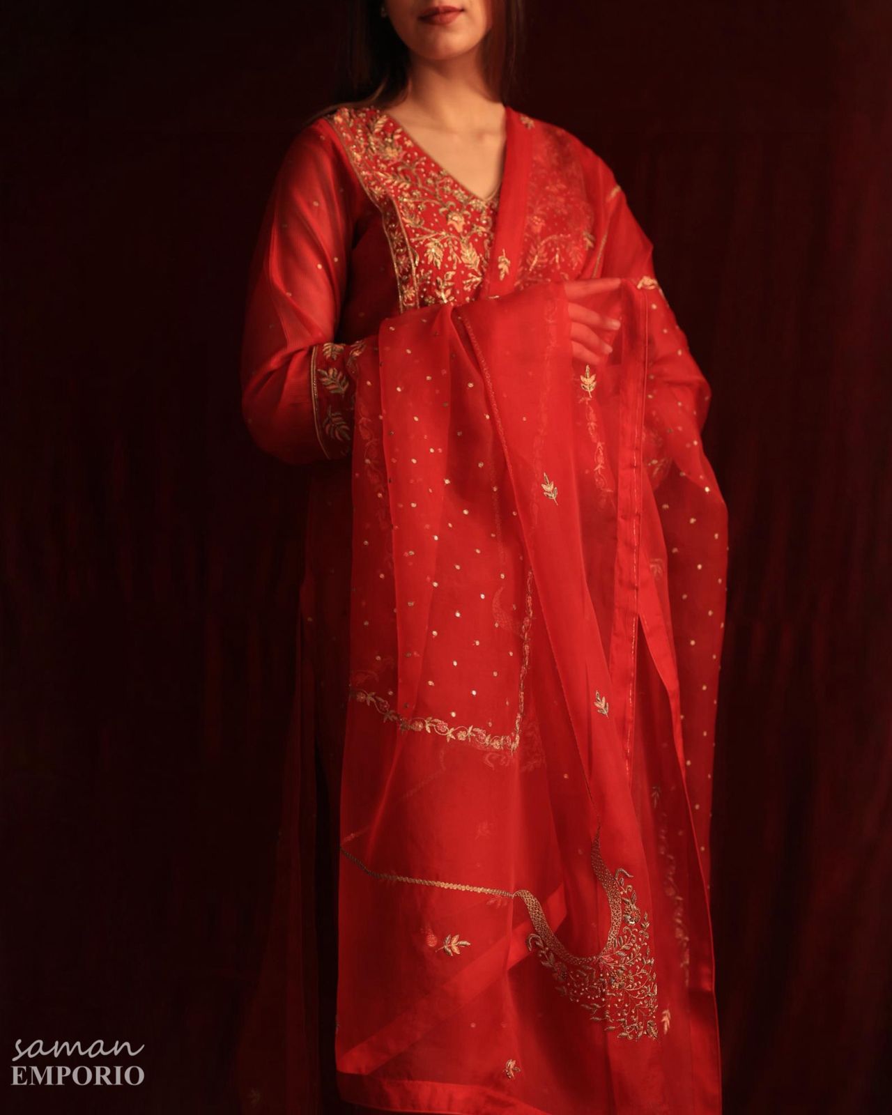 Red Maheshwari Silk Awadhi Zardosi Kurta Set