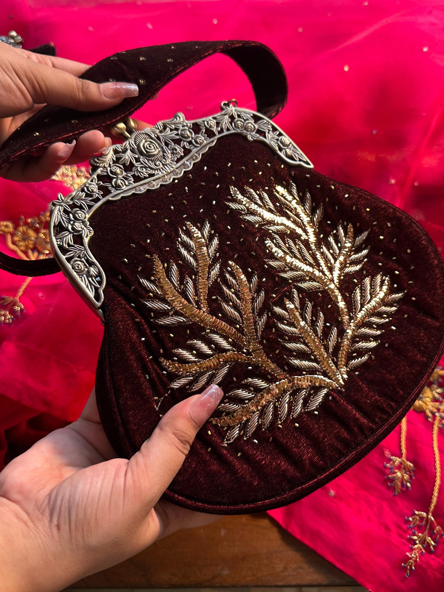 Tobacco Brown Shade Velvet Ari Mukaish Zardosi Sling Bag