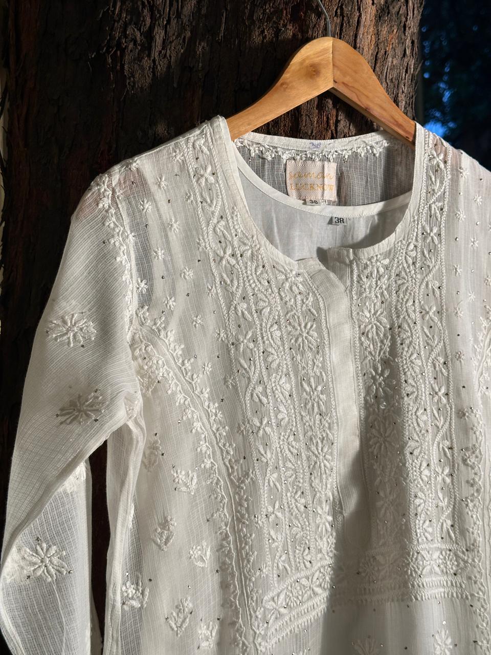 White Floral Kota Chikankari Ready To Wear Straight Kurta With Slip
