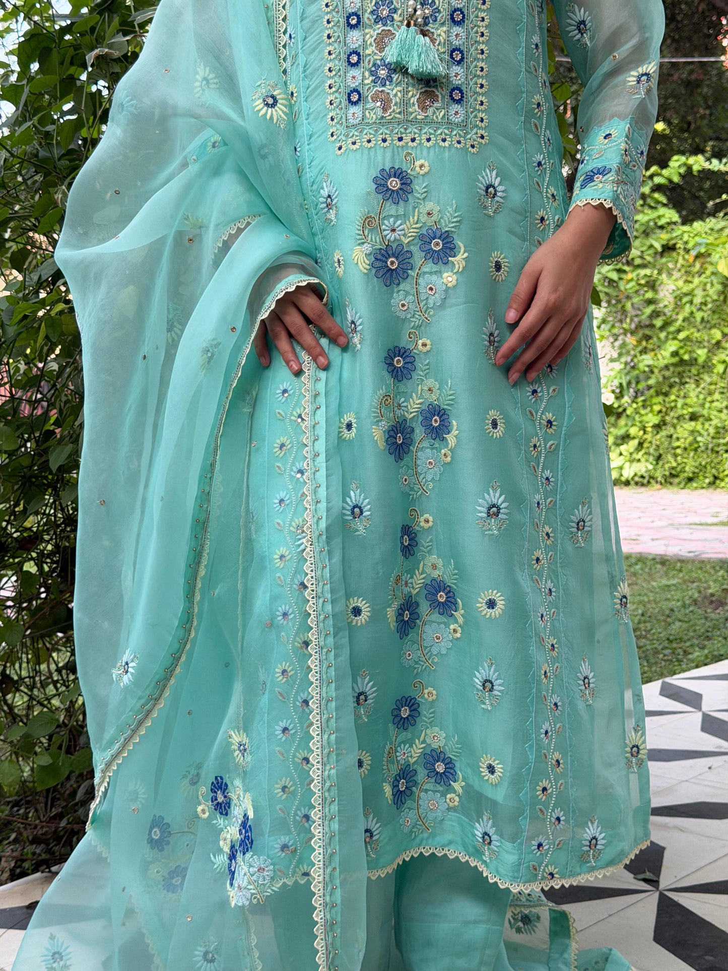 Blue Shade Noor Organza Silk Chikankari Straight Cut Kurta Dupatta Set