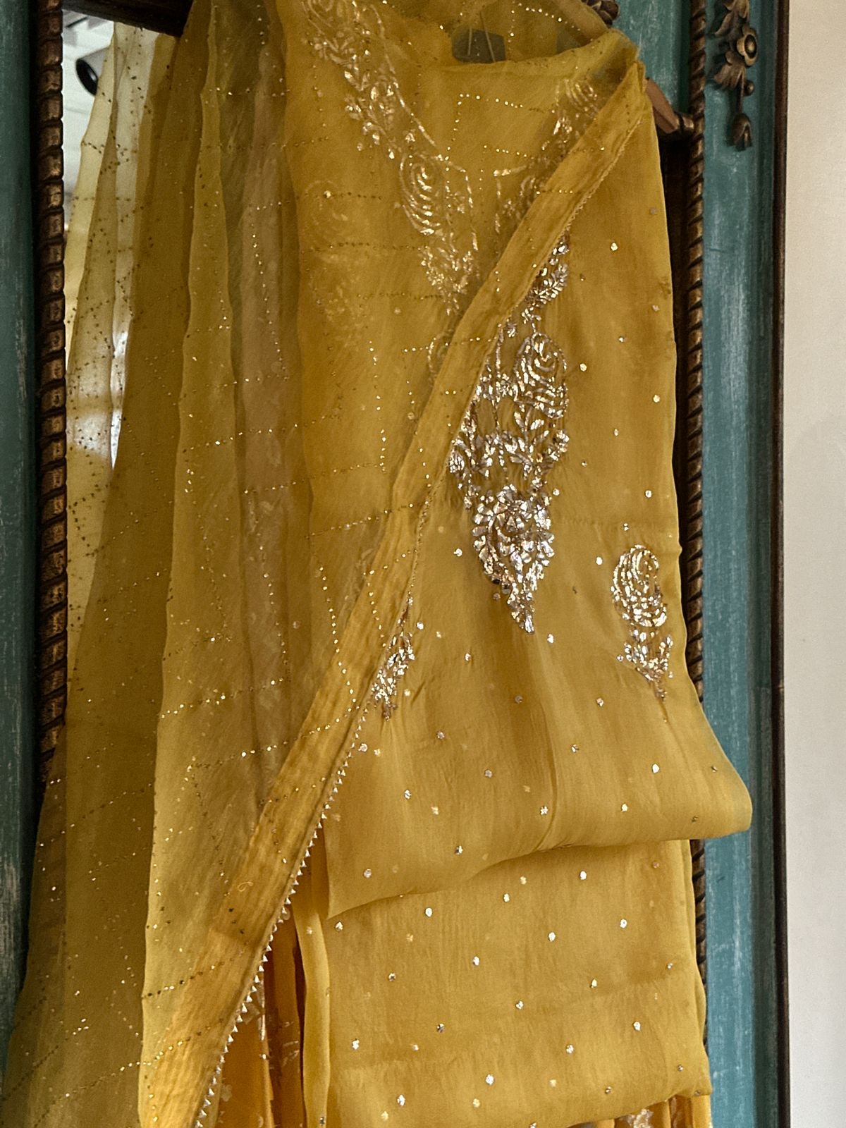 Mustard Yellow Foil Print Organza Chikankari Sharara Set