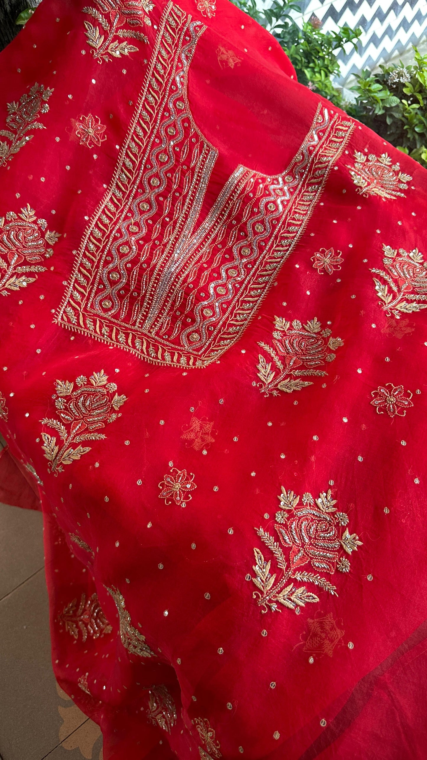 Red Noor Organza Silk Chikankari Unstitched Kurta Dupatta Set