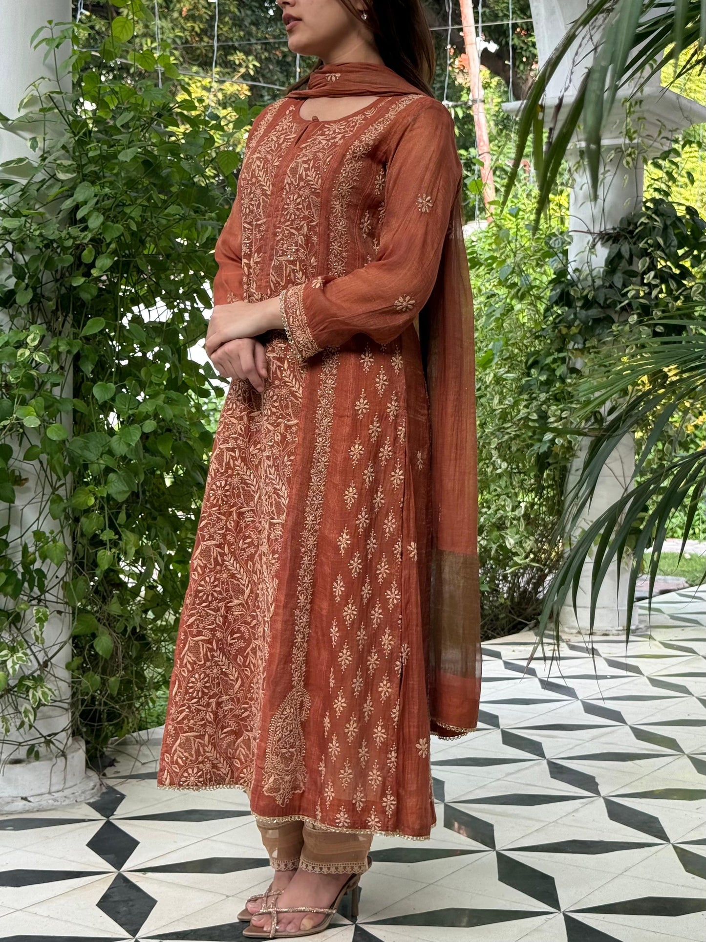 Rust Orange Tissue Silk Chikankari Straight Cut Kurta Dupatta Set