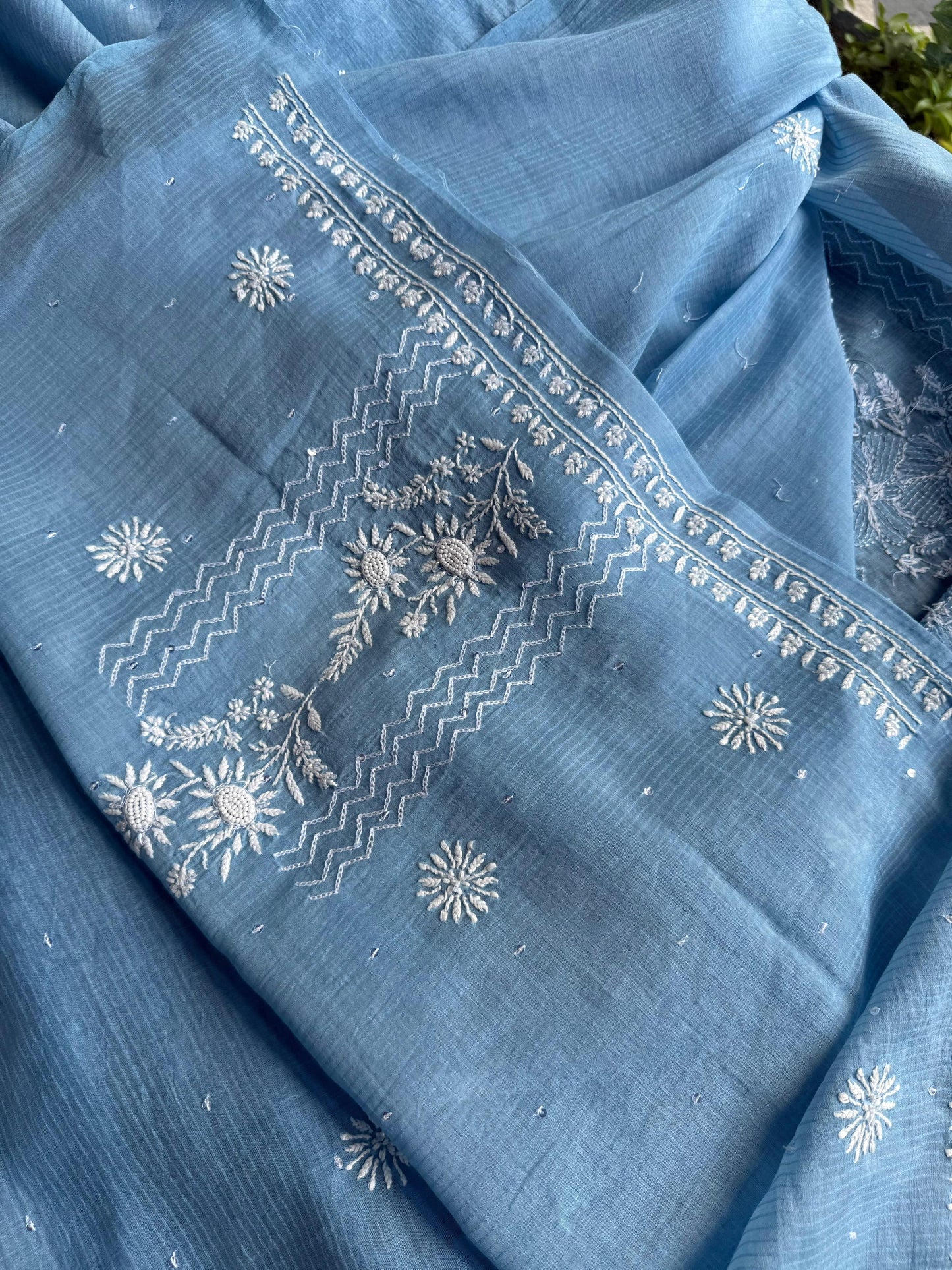 Blue Maheshwari Pearl Work Chikankari Unstitched Fabrics