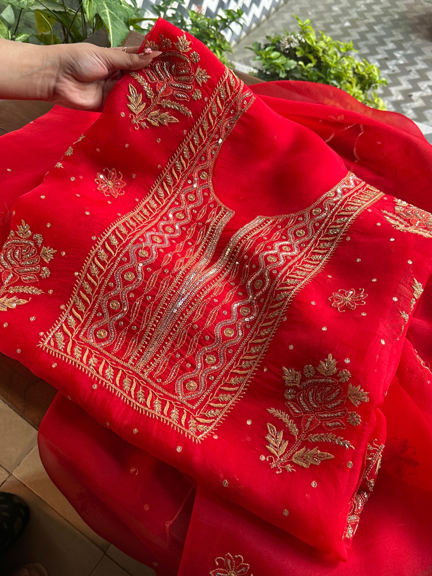 Red Noor Organza Silk Chikankari Unstitched Kurta Dupatta Set