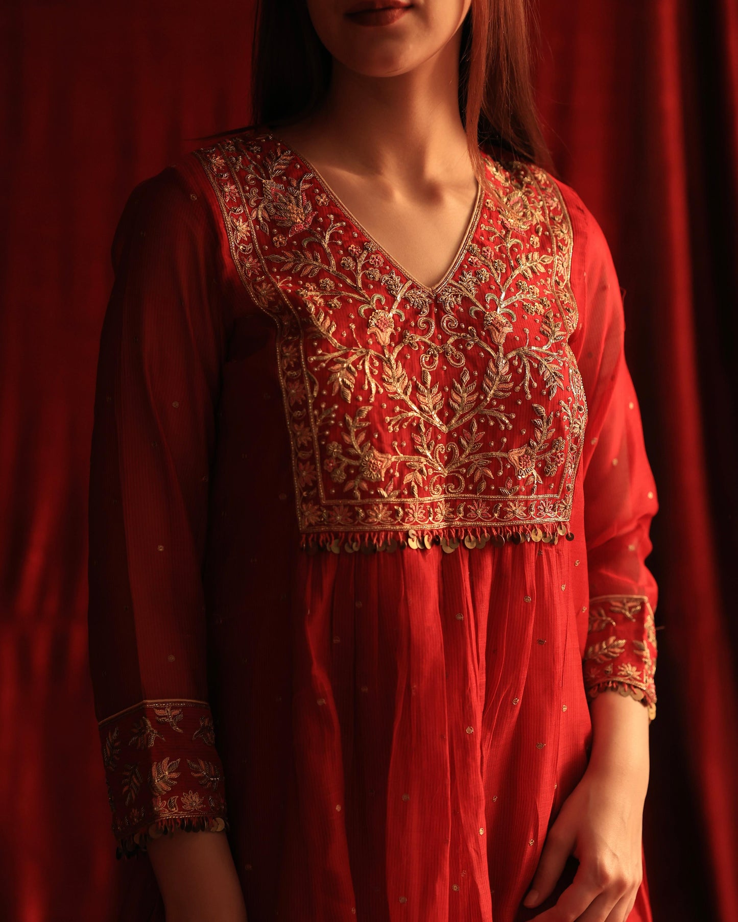 Red Maheshwari Silk Awadhi Zardosi Kurta Set