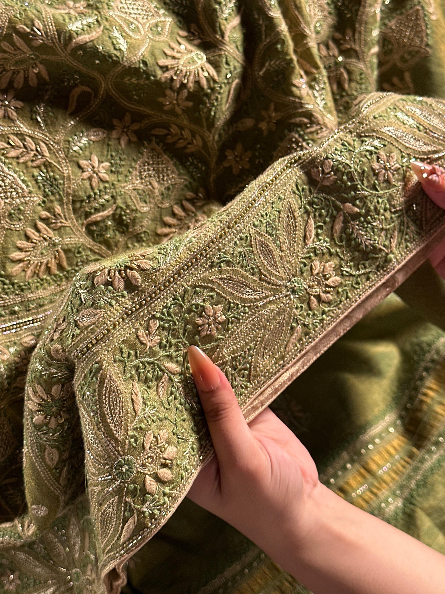 Green Tissue Silk Chikankari Unstitched Fabric