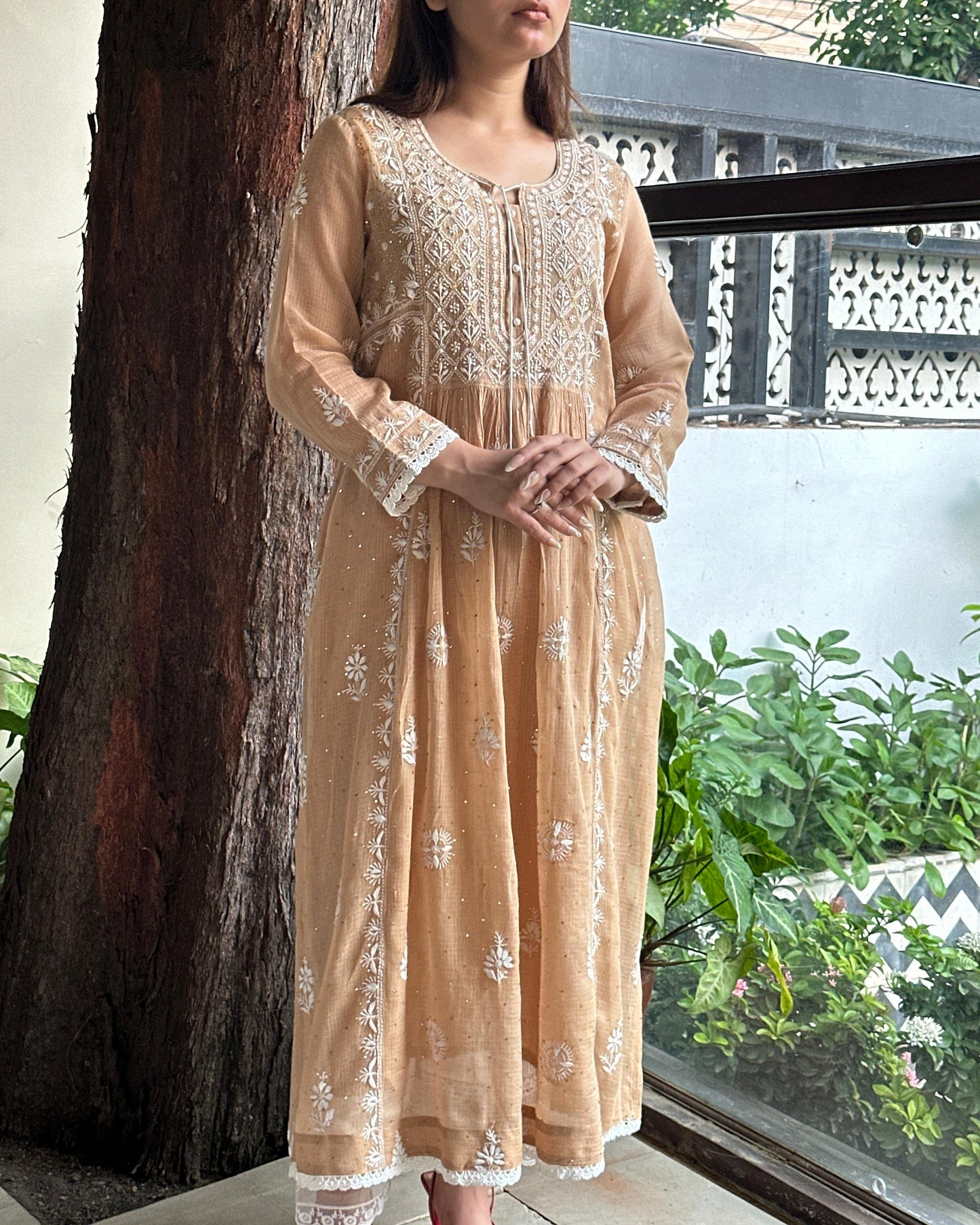 Beige Kota Chikankari with Mukaish Kamdani Tunics